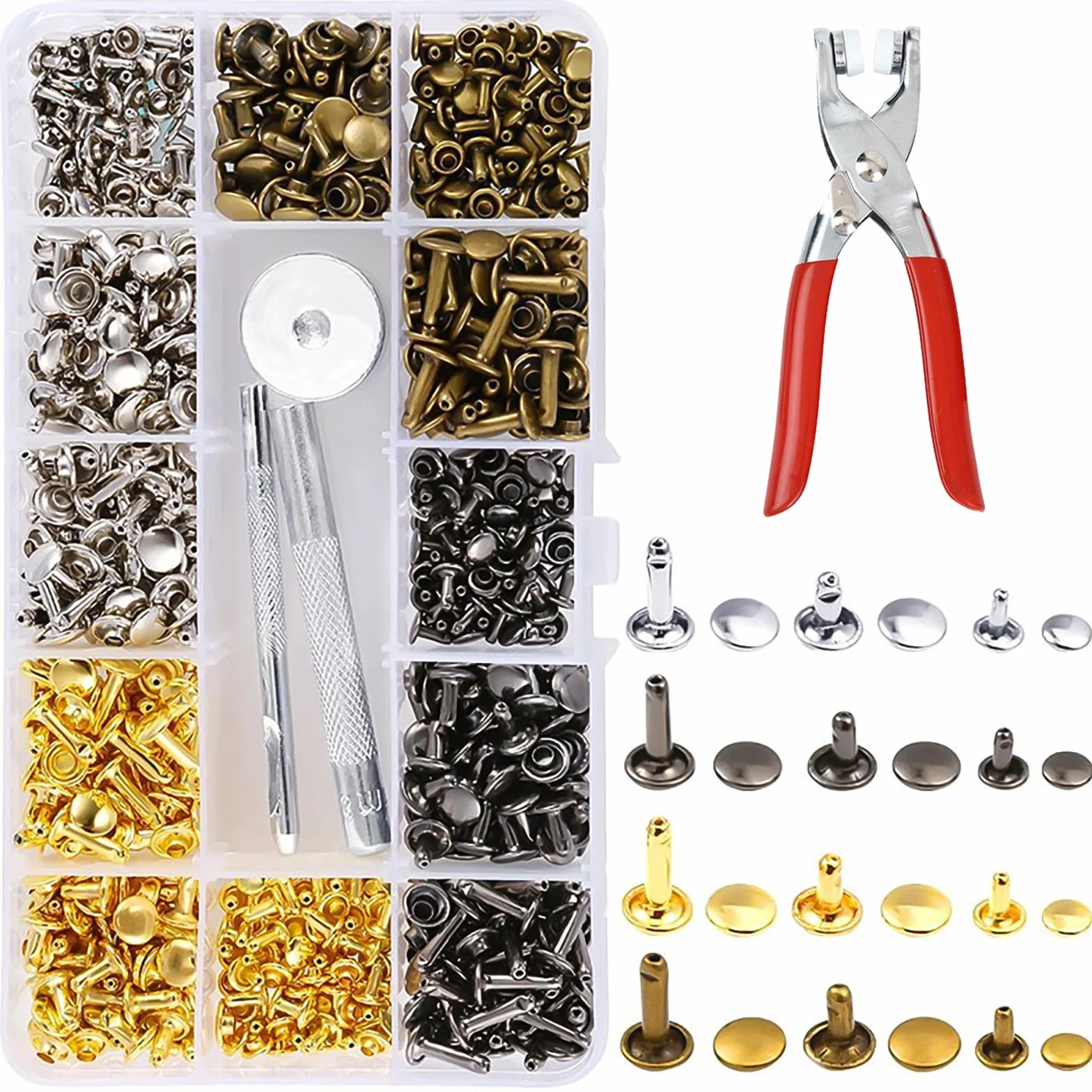 Rivetti per Cuoio, 180 Pezzi Ribattini per Cuoio Rivetti Cavi con Pinza per Rivetti E Pinza Foratura12 Mm 8 Mm 6 Mm Borchie in Metallo Doppio Tappo per Fai da Te Artigianato in Pelle Cucito