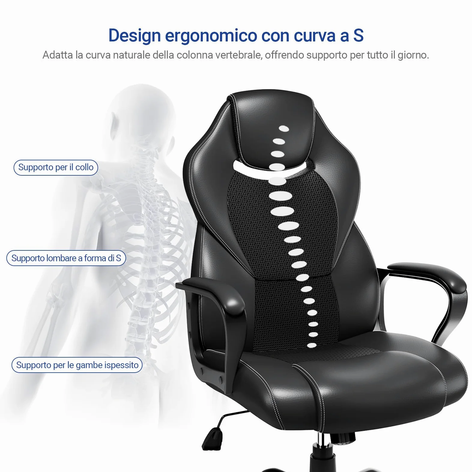 BASETBL Sedia da Ufficio Ergonomica con Supporto Lombare, Sedia Scrivania Poltrona Girevole ad Altezza Regolabile per Ufficio e Studio — Nera
