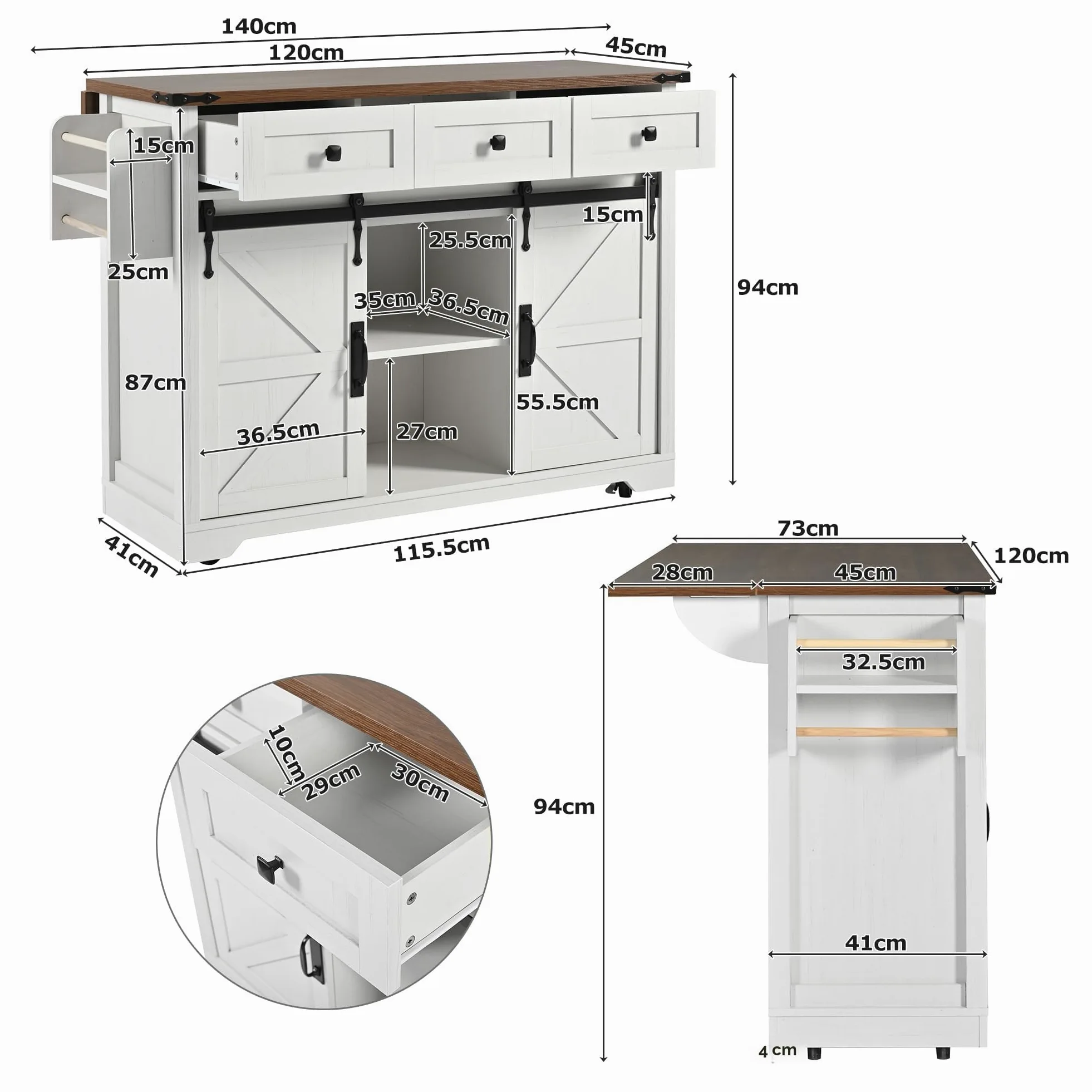Isola della Cucina, Carrello da Portata Con Piano di Lavoro Estraibile, Su Ruote, Armadio Con Ante e Cassetti (Due Ante+Tre)