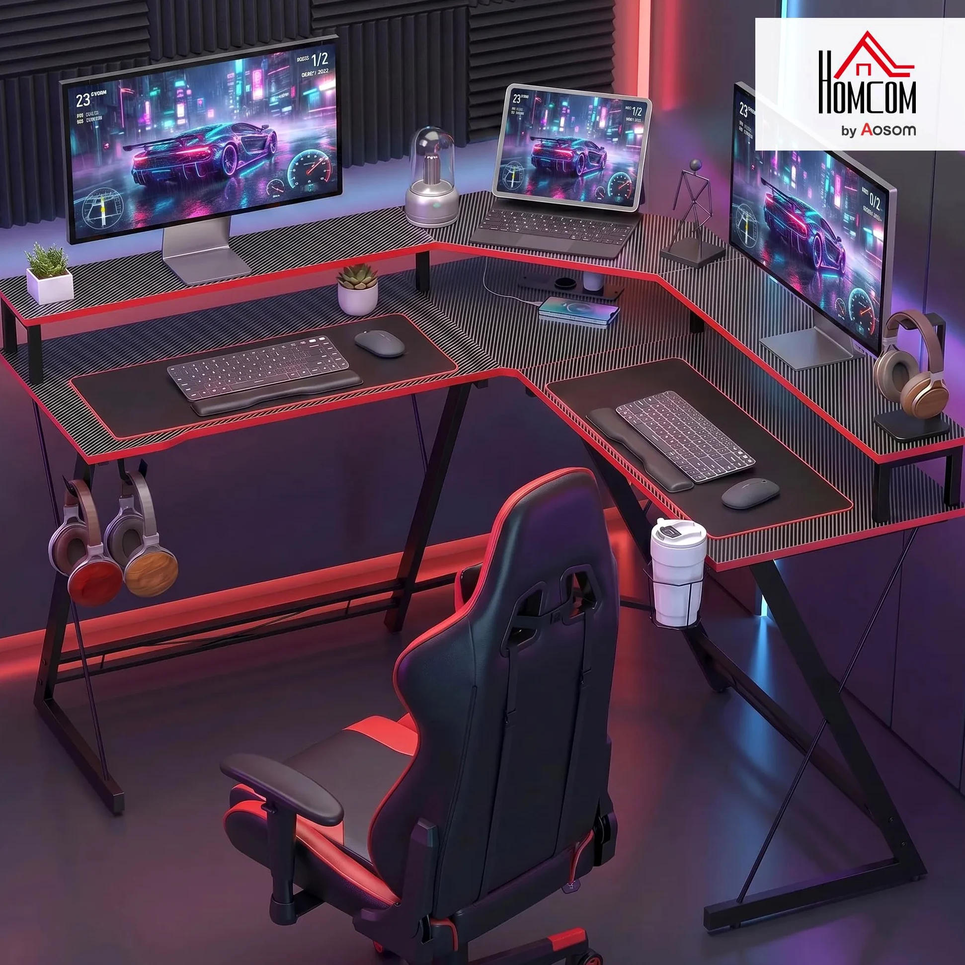 HOMCOM Scrivania Gaming Angolare Tavolo ad L 128x128cm Nero Carbonio | Stazione di Ricarica, Supporto per PC, Gancio per Cuffie, Portabicchieri, Computer Ufficio Studio