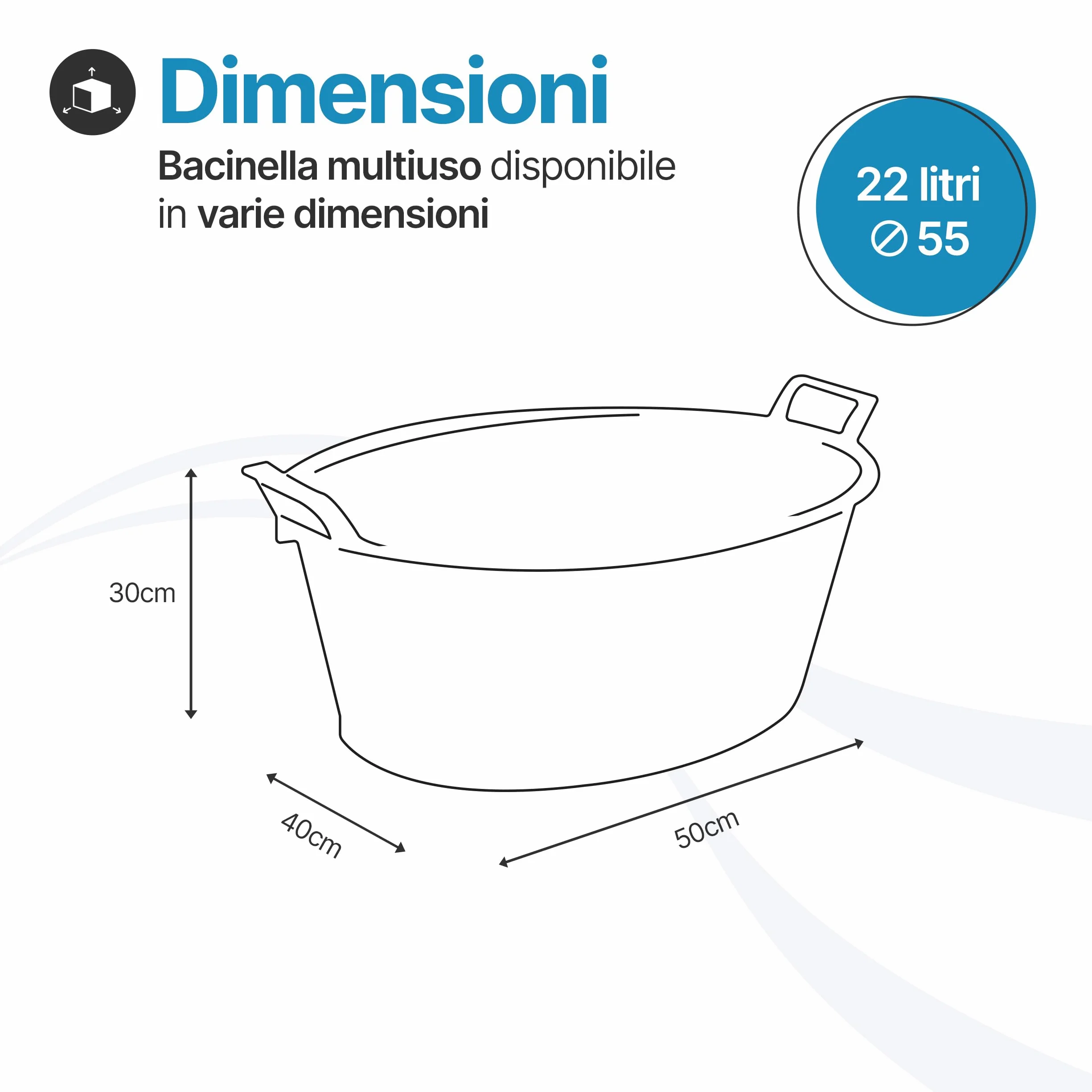 TOMAINO - Bacinella Bucato in Plastica Rigida Ovale- Contenitore Portabiancheria Multiuso per Casa, Lavaggio Panni e Cane - Catino per Bucato 22 lt Ø 55 cm