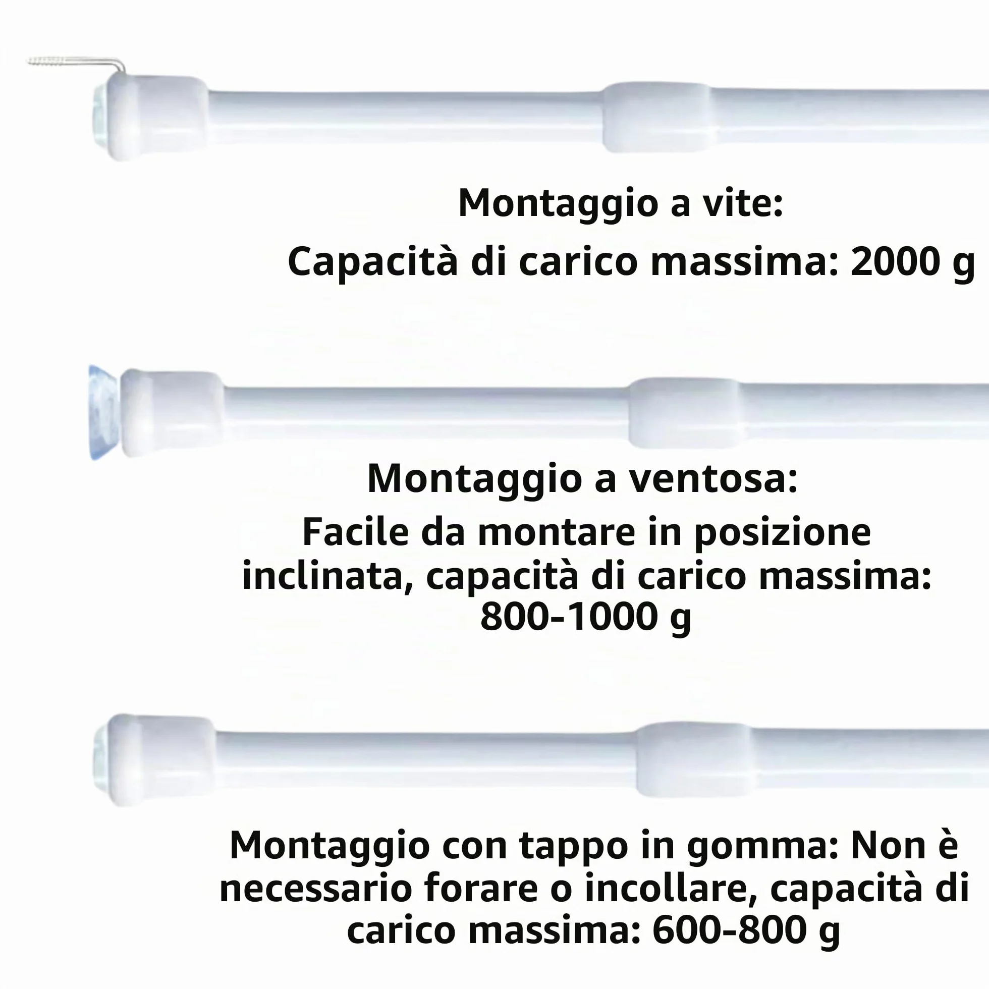Aste per Tende Senza Forare Bistrot Con Morsetto Ventose Viti 30-45 cm Bianco Confezione da 2