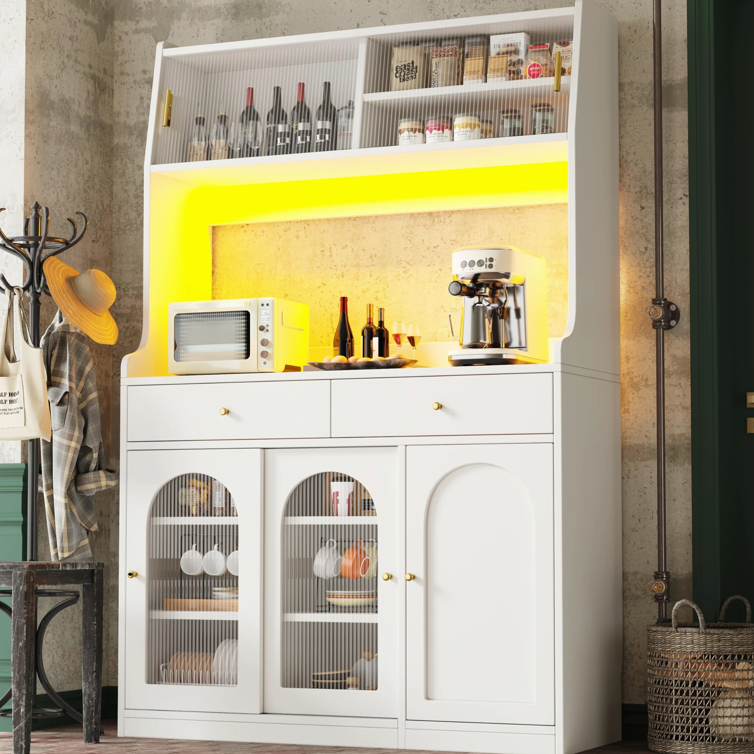 Armadio alto a buffet con ripiani regolabili, armadio da cucina con 2 cassetti, credenza con illuminazione a LED, colori luce variabili, 120 x 40 x 180 cm (bianco)