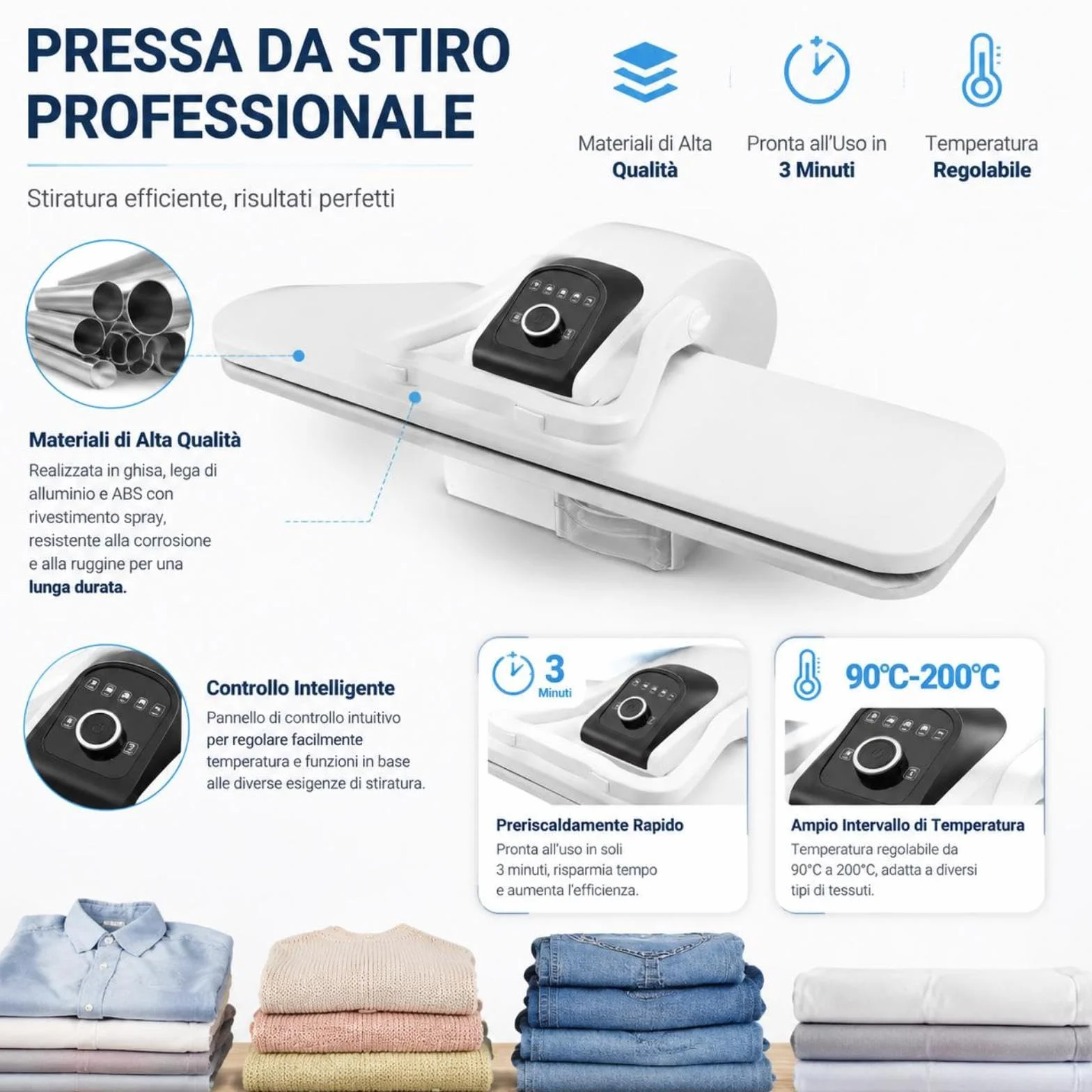 Pressa a vapore professionale, 2200 W, macchina da stiro intelligente, 91 cm, intervallo di temperatura 90-200 °C, 5 livelli di temperatura, forza autobloccante 8 kg, stiratura super veloce (bianco)