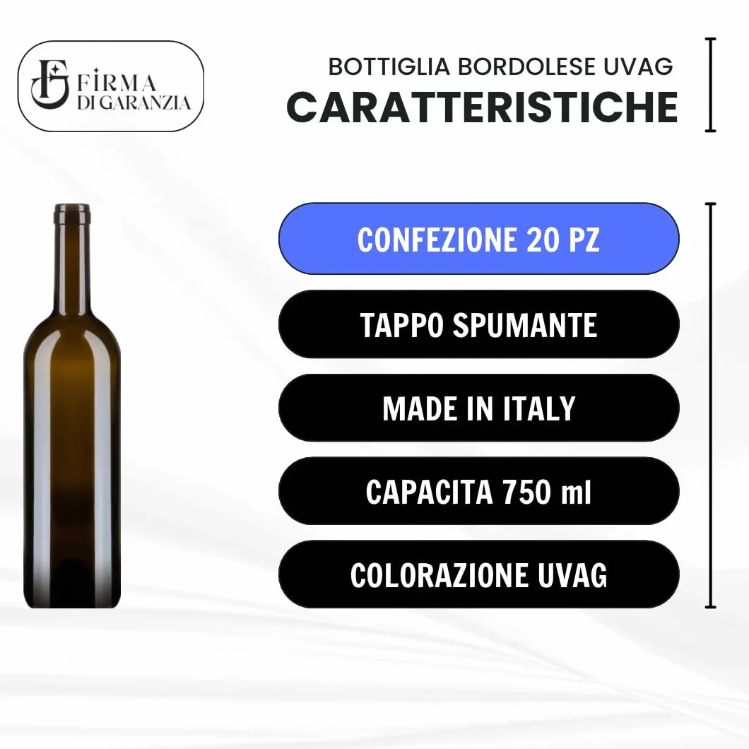 Bottiglia Vino Bordolese in Vetro Duro Vuota Made in Italy 20 PZ