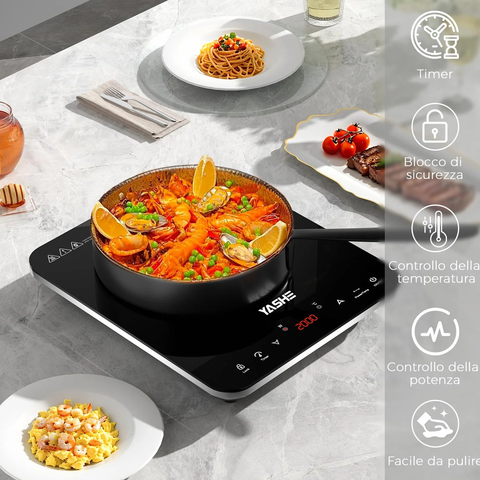 YASHE Piastra a Induzione Portatile 2000W Display LED Controllo Touch 10 Livelli Potenza Timer 4 Ore Blocco Bambini