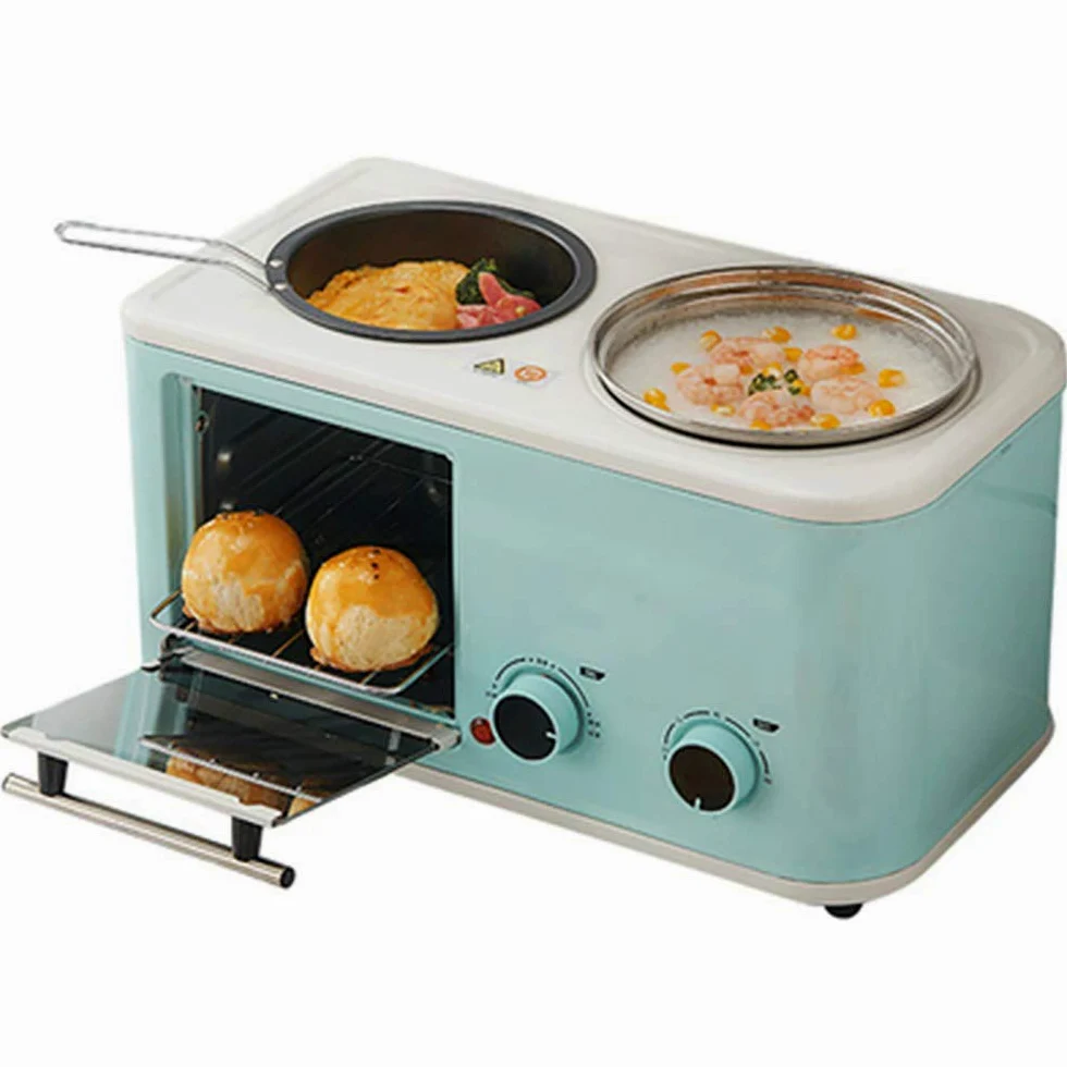 Mini Macchina Elettrica per La Colazione, Domestico 3 in 1 Macchina Prima Colazione, Mini Forno del Pane Forno per La Pizza Padella Tempo E Temperatura Regolabili,Blue