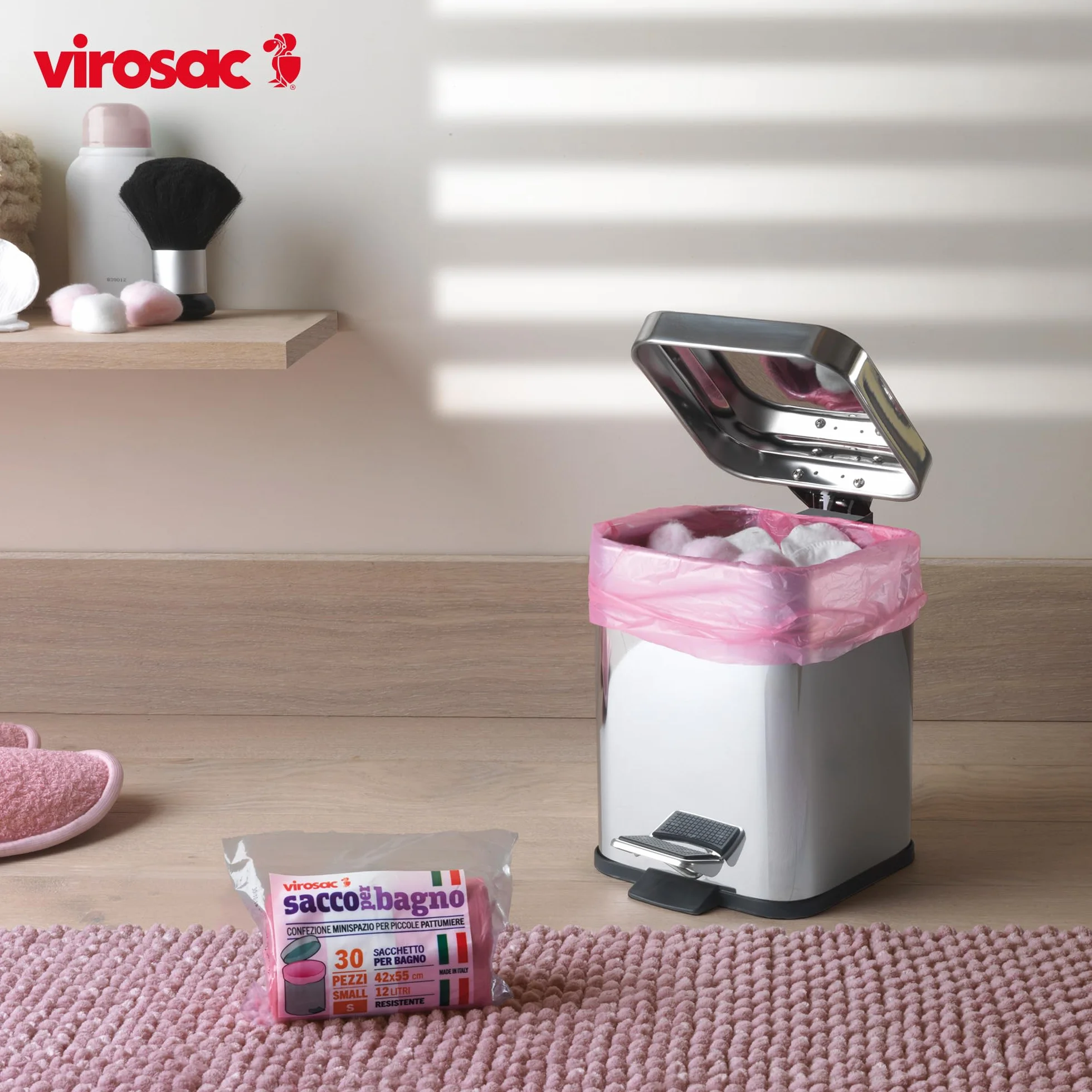 VIROSAC Sacco Bagno 42x55, 30 sacchetti per rotolo, kit da 4 rotoli, 2 rotoli rosa + 2 rotoli bianchi