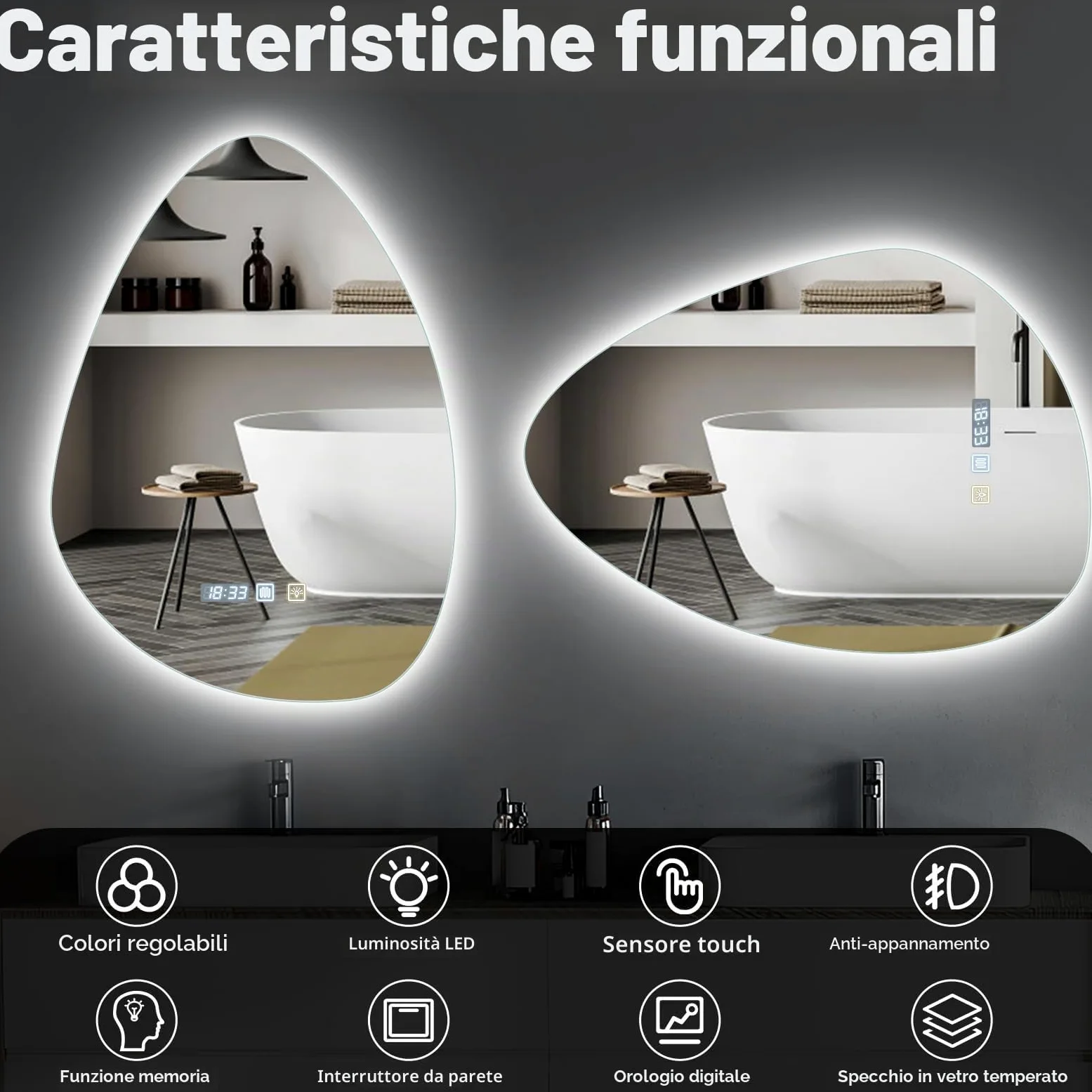 Specchio Bagno con Luce, asimmetrico con illuminazione, 500x700 mm, LED con interruttore touch, anti-appannamento, bianco freddo, 6400K, specchio luminoso a risparmio