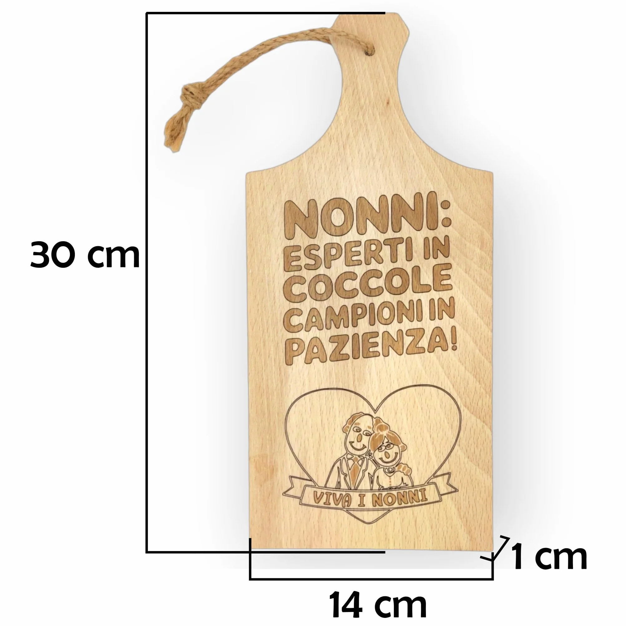 Tagliere Artigianale in Legno di Faggio 30x14 cm con Incisione Laser per Nonni