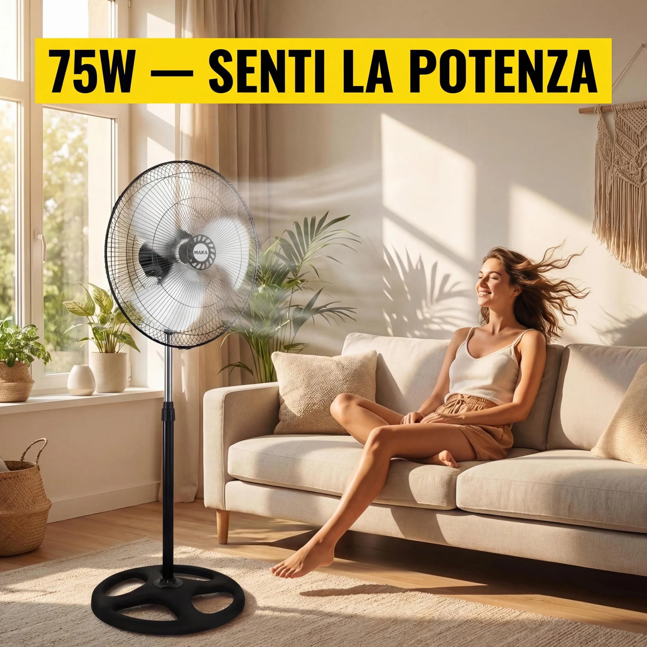 MAKA Ventilatore a Piantana Potente, Ventilatore Metallo 5 Pale, 75W, Basso Consumo, Oscillazione Orizzontale, Ventilatore da Terra Industriale Diametro 50cm, Regolabile Altezza Max 130 cm 3 Velocità