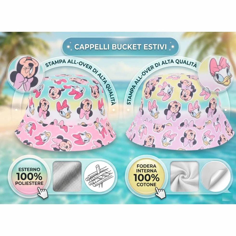 Disney Minnie e Paperina Cappello Pescatore Neonata Estivo Multicolor Tesa Larga Protezione Sole 100% Poliestere 100% Cotone Ufficiale