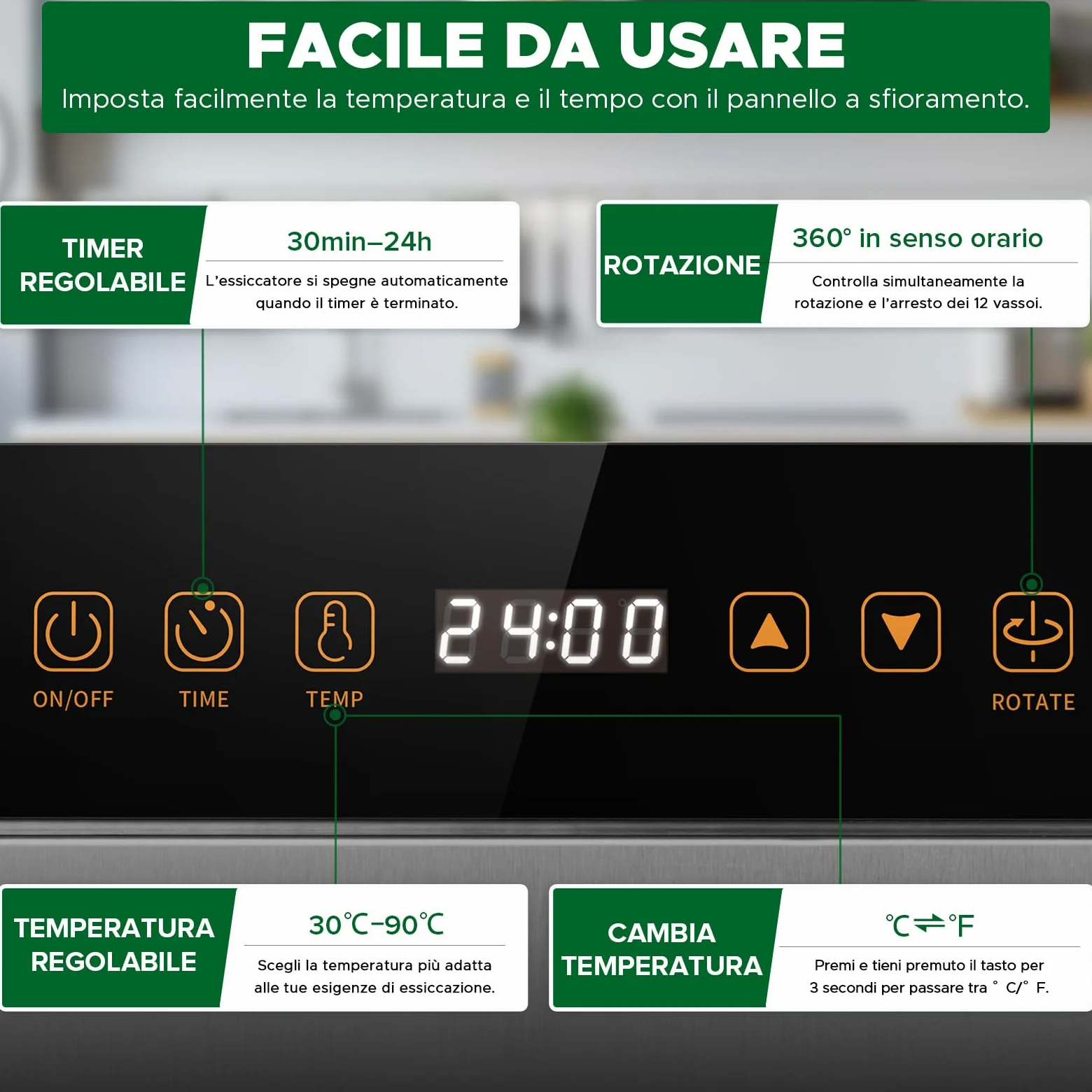 Kwasyo Essiccatore Alimentare Acciaio Inox, 1000W, 12 rotante vassoi, essiccatura automatica, 67 Ricette Gratuite, Timer 24H, Essiccatore Multiuso, Vassoi Lavabili in Lavastoviglie