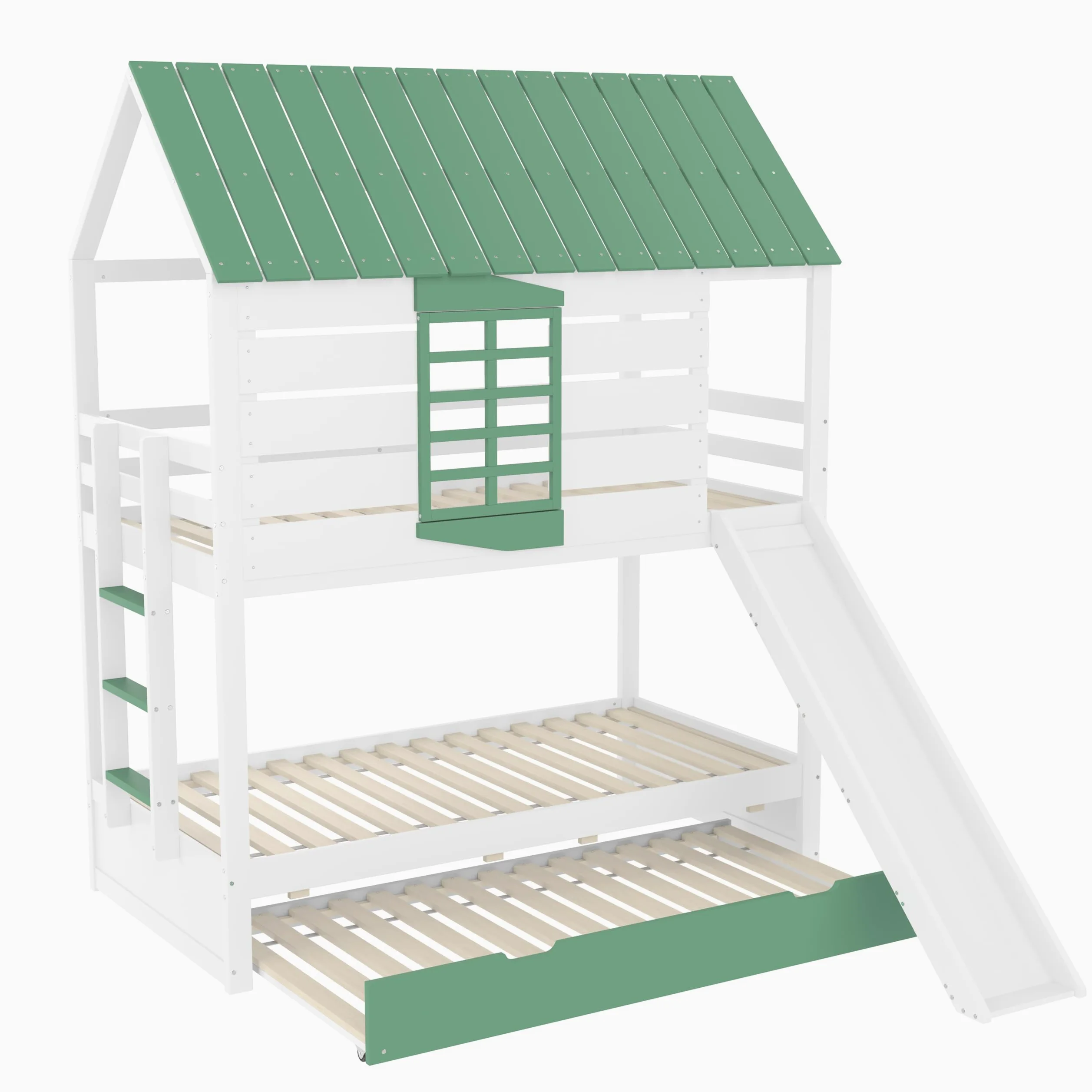 Moimhear Lettino a soppalco, con tetto di casa, con finestre, culla in legno, letto a castello con scivolo, pino+MDF, bianco+verde (90 x 200 x 2 + 90 x 190 cm, con letto estraibile)