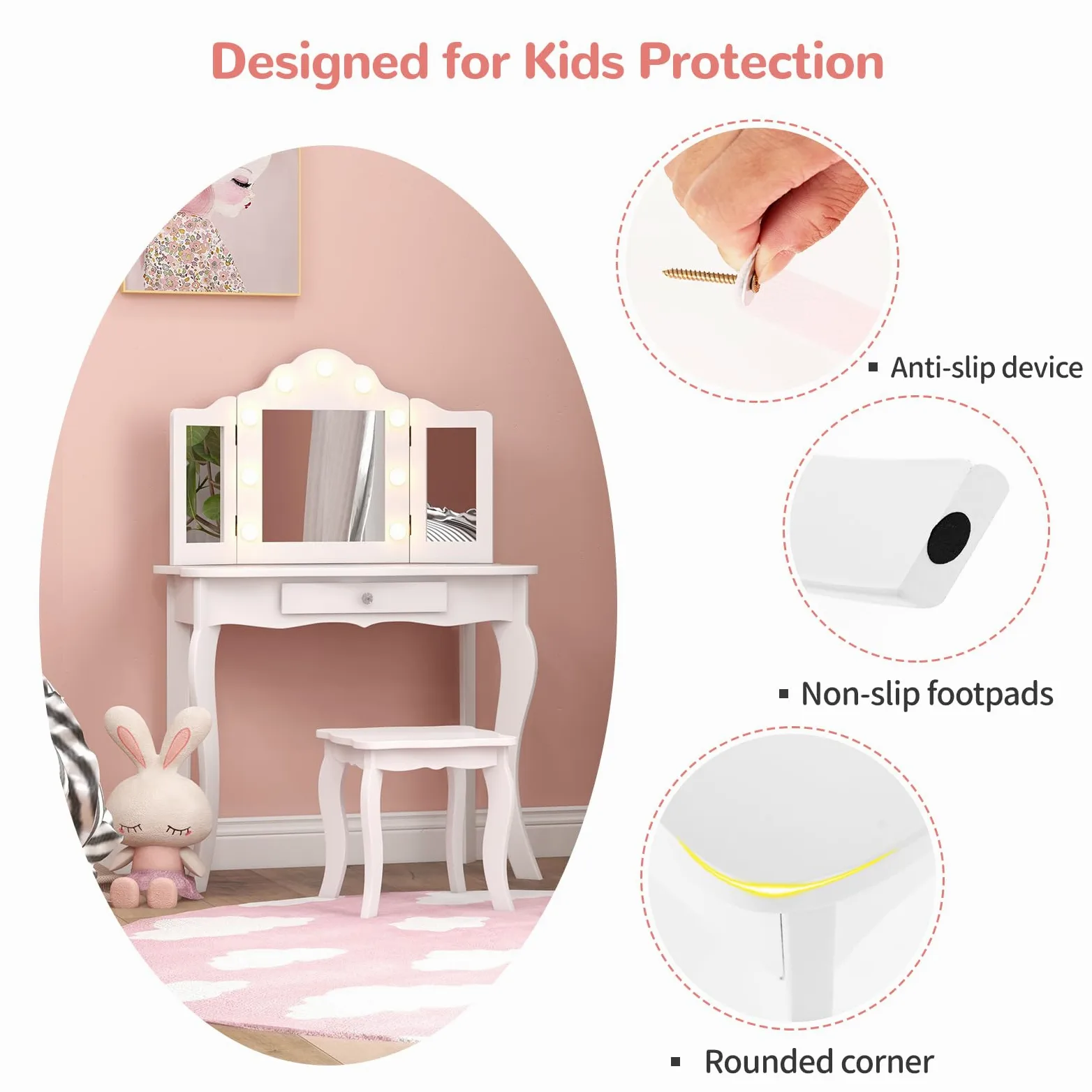 LIFEZEAL toeletta 2 in 1 per bambini con sgabello e cassetto, tavolo da trucco BIMBI con triplo specchio e 9 luci a LED in 3 modalità, antiribaltamento per Ragazzi dai 3 anni in su (Bianco)