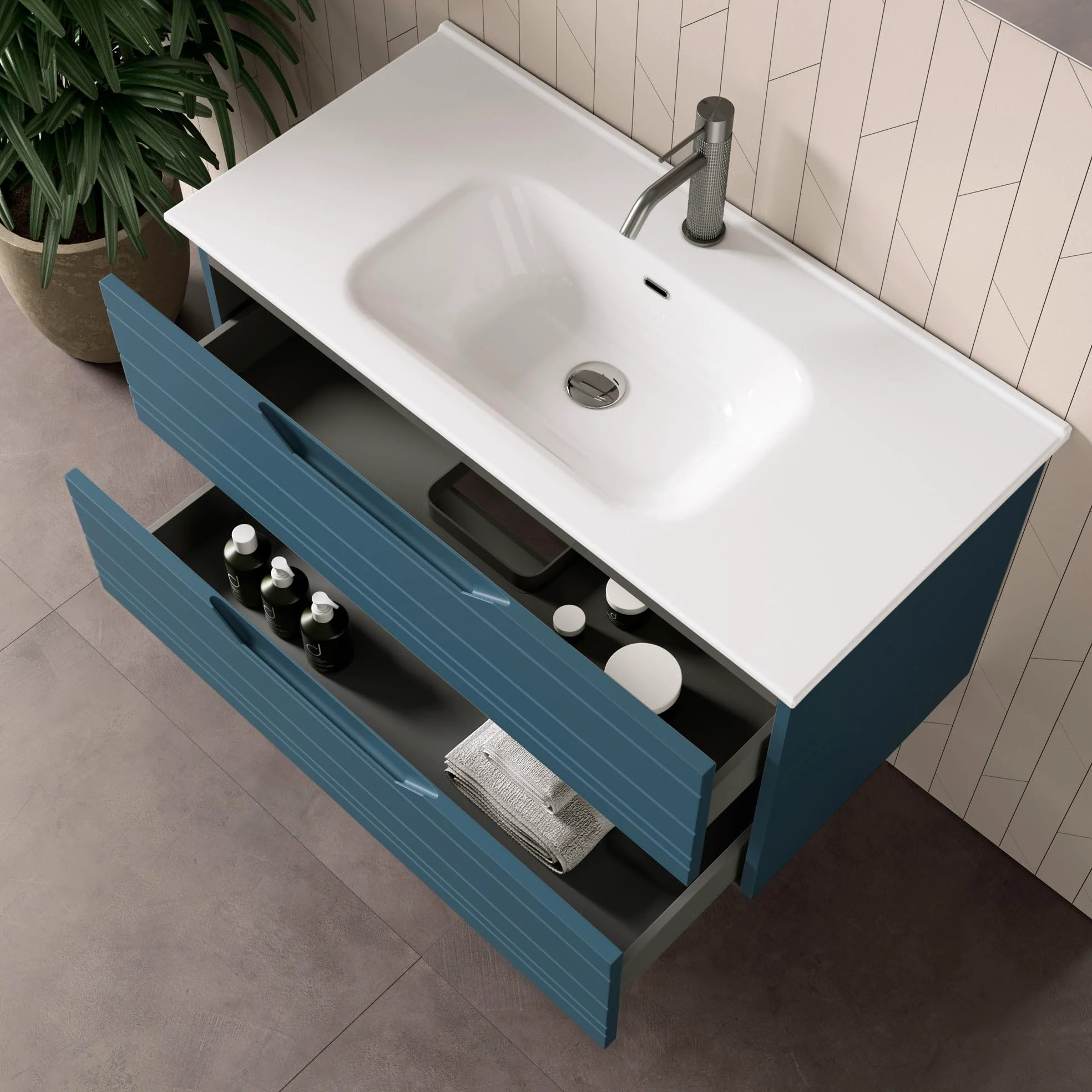 AQA DESIGN accessori casa composizione 4 pezzi bagno, base sospesa con frontali in MDF, finitura blu opaco, nr2 cassetti con scorrimento e chiusura - Blu - 61x46,5x190 cm