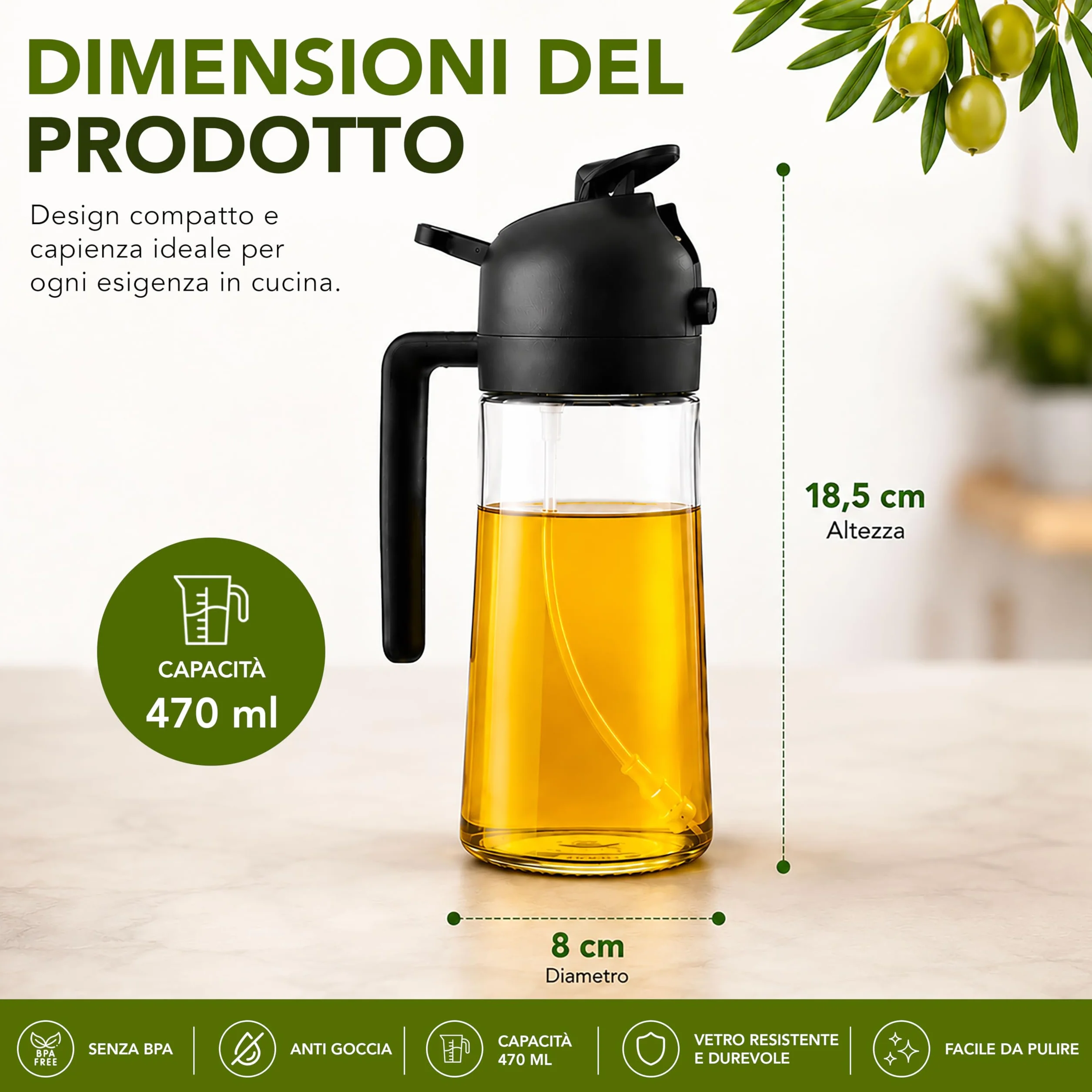 Spruzzino Olio per Friggitrice ad Aria 470 ml, Dispenser Olio 2 in 1 Spray e Versamento, Oliera Spray in Vetro