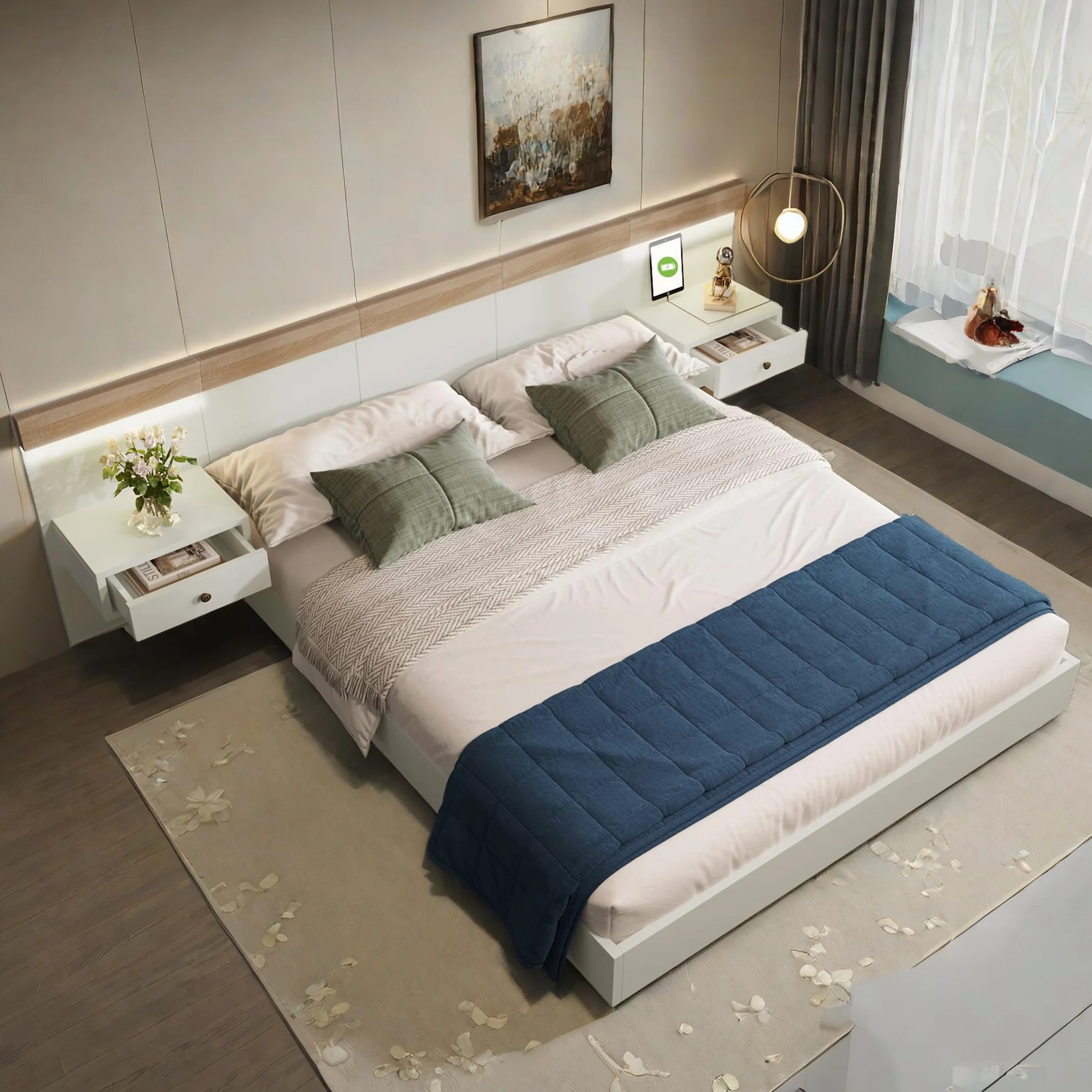 Sapgaks Letto 160 x 200 con doghe e testa,letto baule con 2 tavolini da notte a LED e presa USB, letto per 2 persone con stoccaggio, cornice doppia, set in rovere bianco (senza materasso)