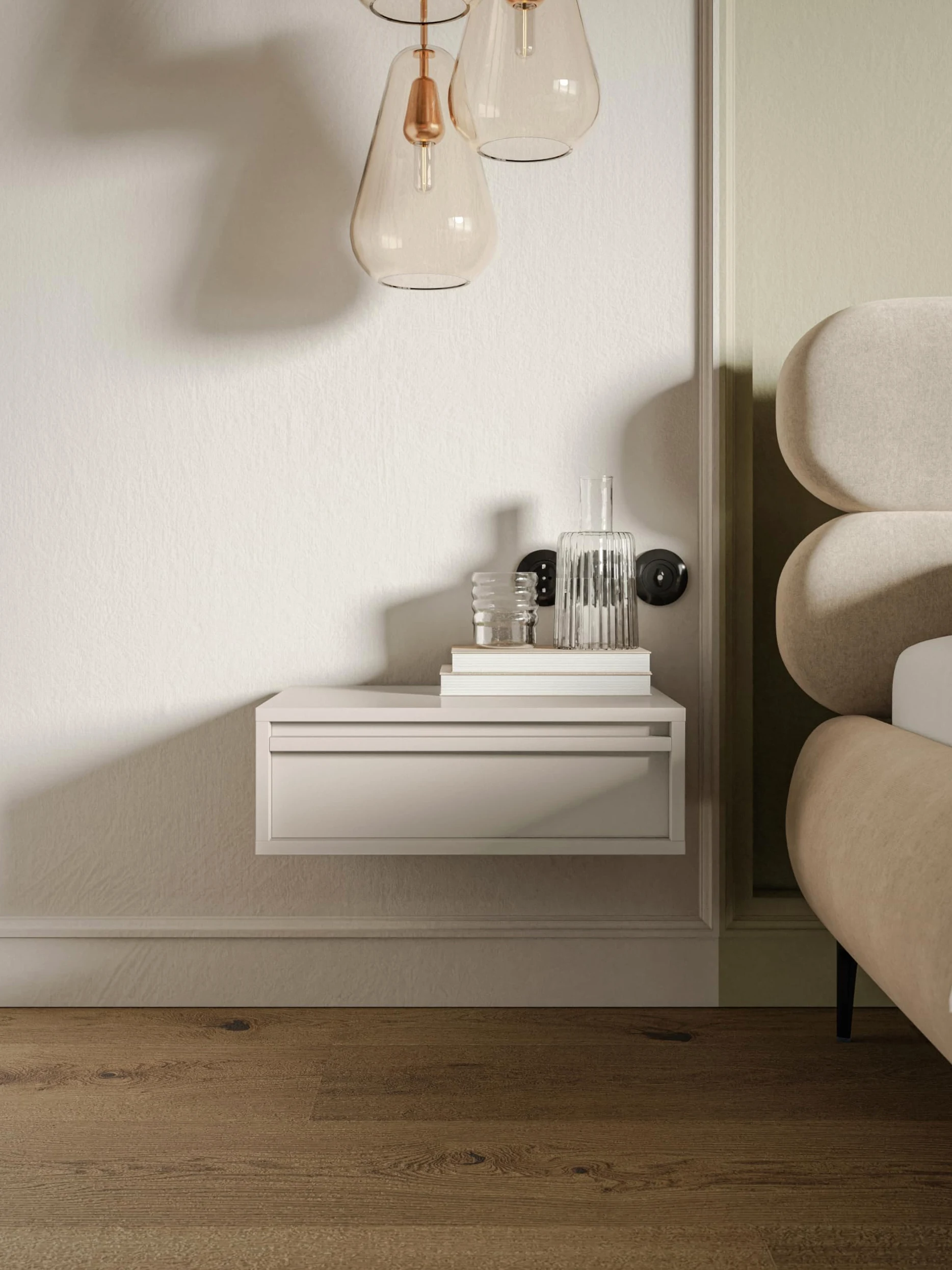 Selsey Comodino Per Camera Da Letto Con Cassetto Comodino Da Notte Sospeso Stile Moderno 50 cm Beige Grigio Evo