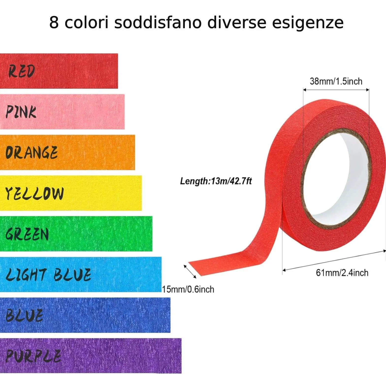 OMBRISA Nastro Adesivo Colorato 8 Rotoli, Arcobaleno Etichett Carta Washi Tape 15 mm x 13 m, Painting Tape, Nastro Decorativo per Bambini, Arte, DIY, Materiale Didattico