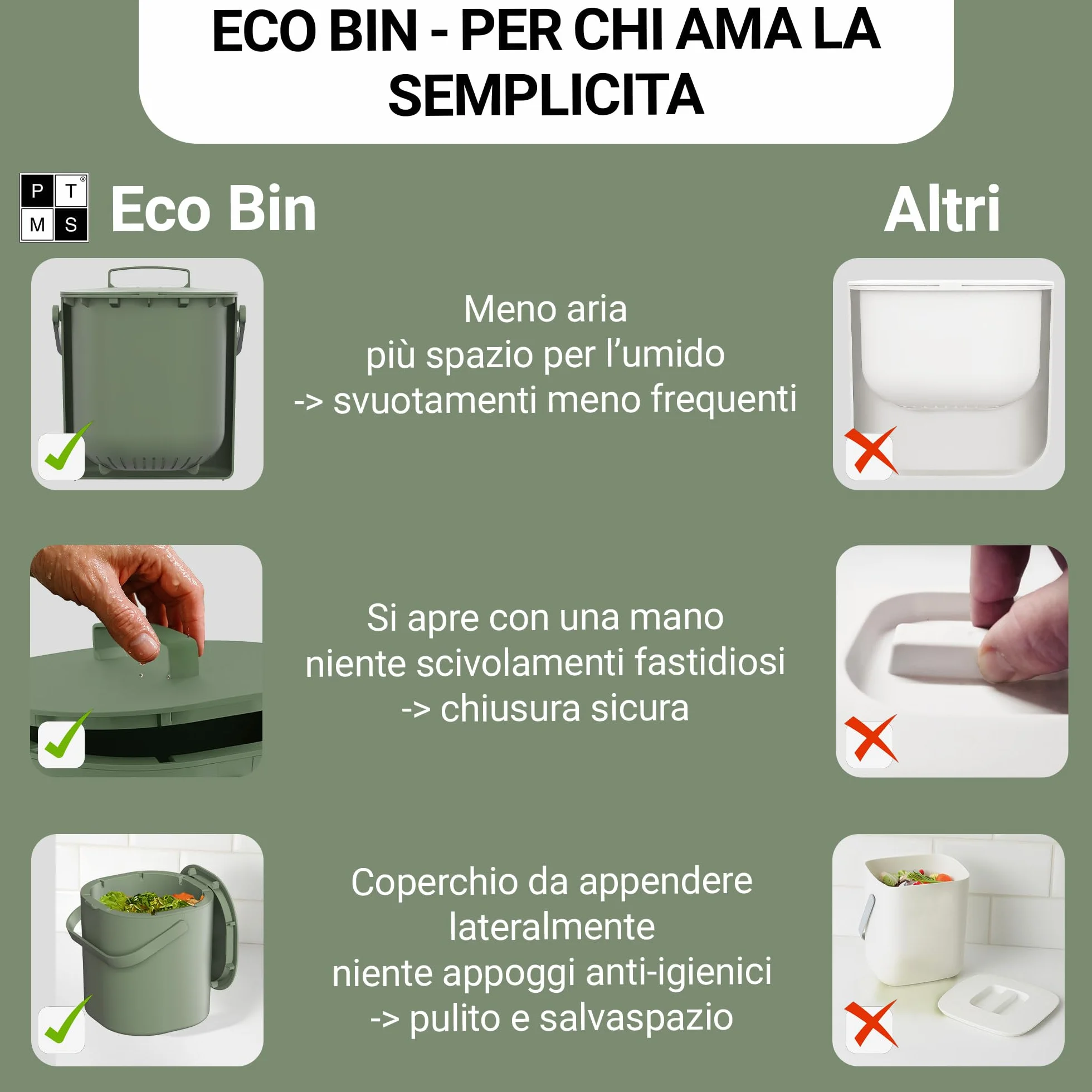 PTMS® Bidone Umido 6L – Cestino Umido coperchio da appendere e setaccio interno – Pattumiera Umido Cucina lavabile in lavastoviglie, compatta e funzionale – Disponibile in 5 colori