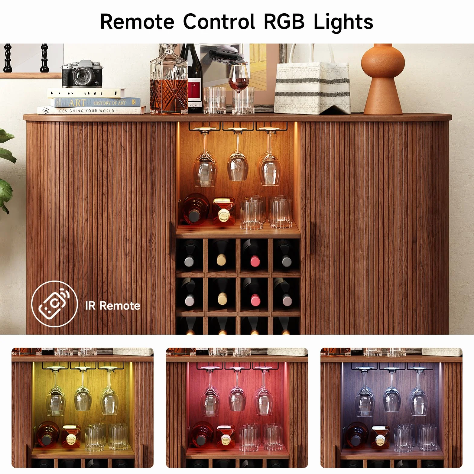 ONBRILL Armadietto da bar con luce a LED, moderna stazione per liquori, whisky, caffè, con portabottiglie e supporto per bicchieri, credenza da buffet per casa, soggiorno, cucina, ingresso (noce)