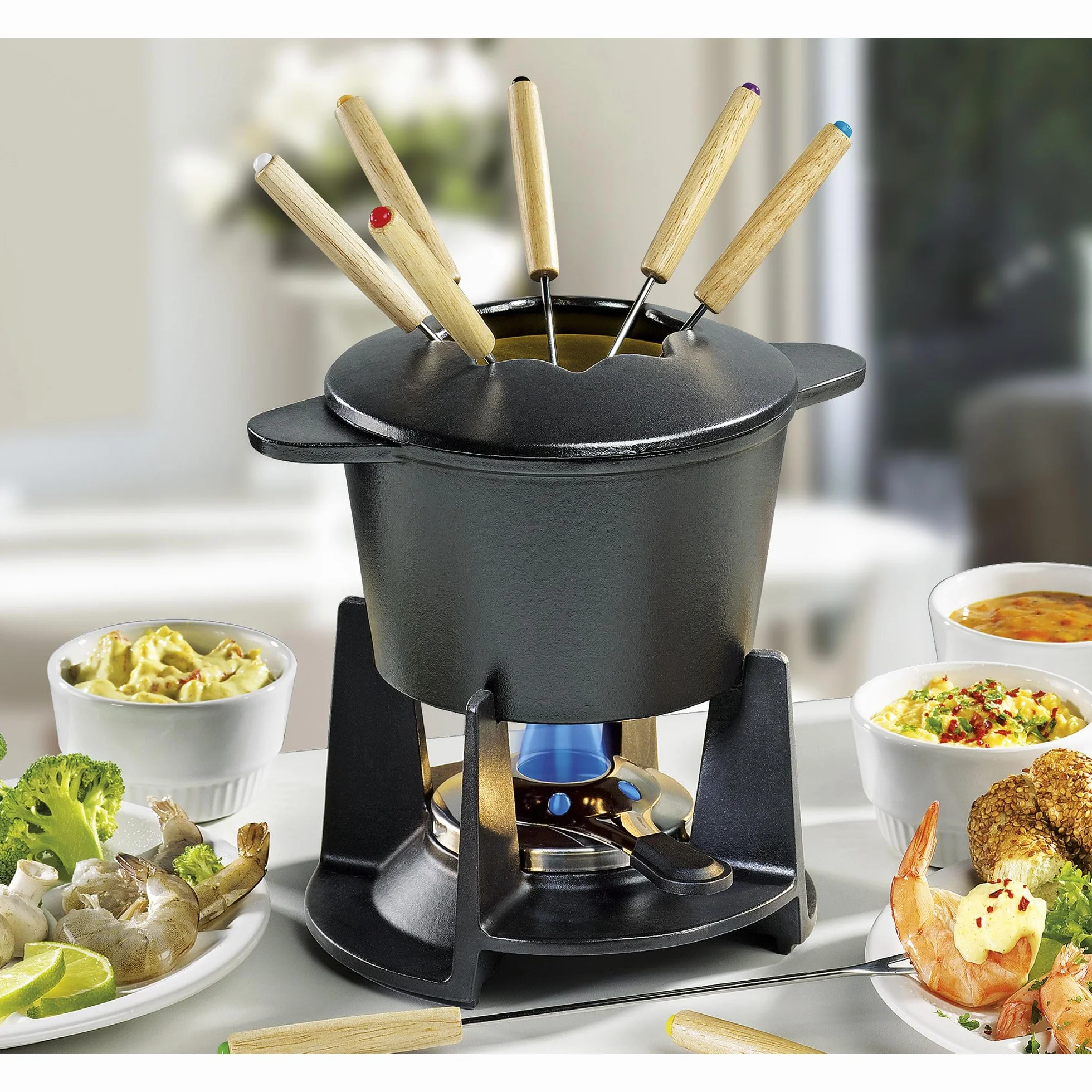 Set fonduta in ghisa GRENOBLE nero, Ø 15,5 cm con 8 forchette per fonduta