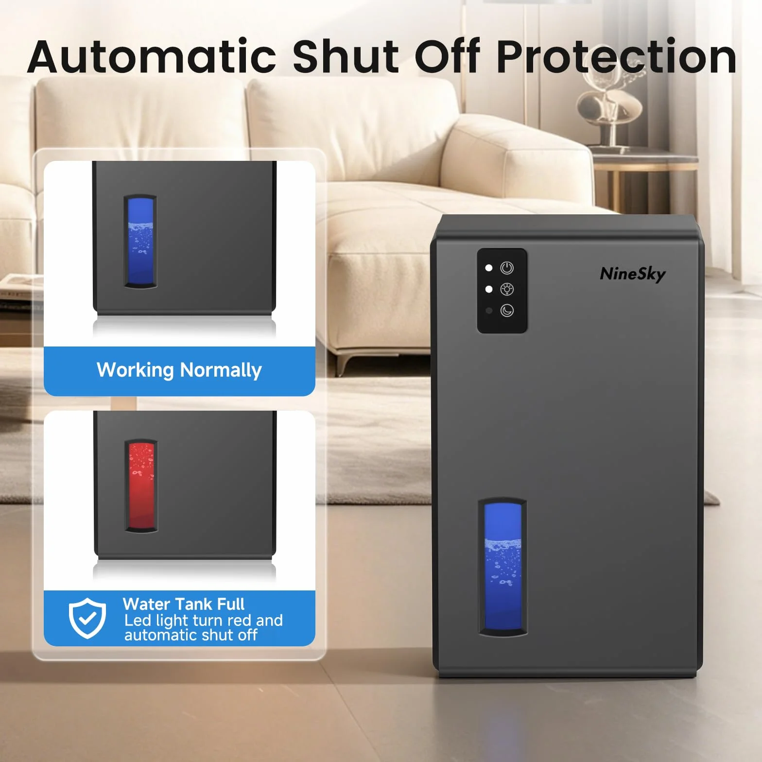 NineSky Deumidificatori per la casa, 1000 mq, deumidificatore con serbatoio dell'acqua da 2,7 l, deumidificatore silenzioso per cantina, bagno, camera da letto, con luce ambientale a 7 colori e