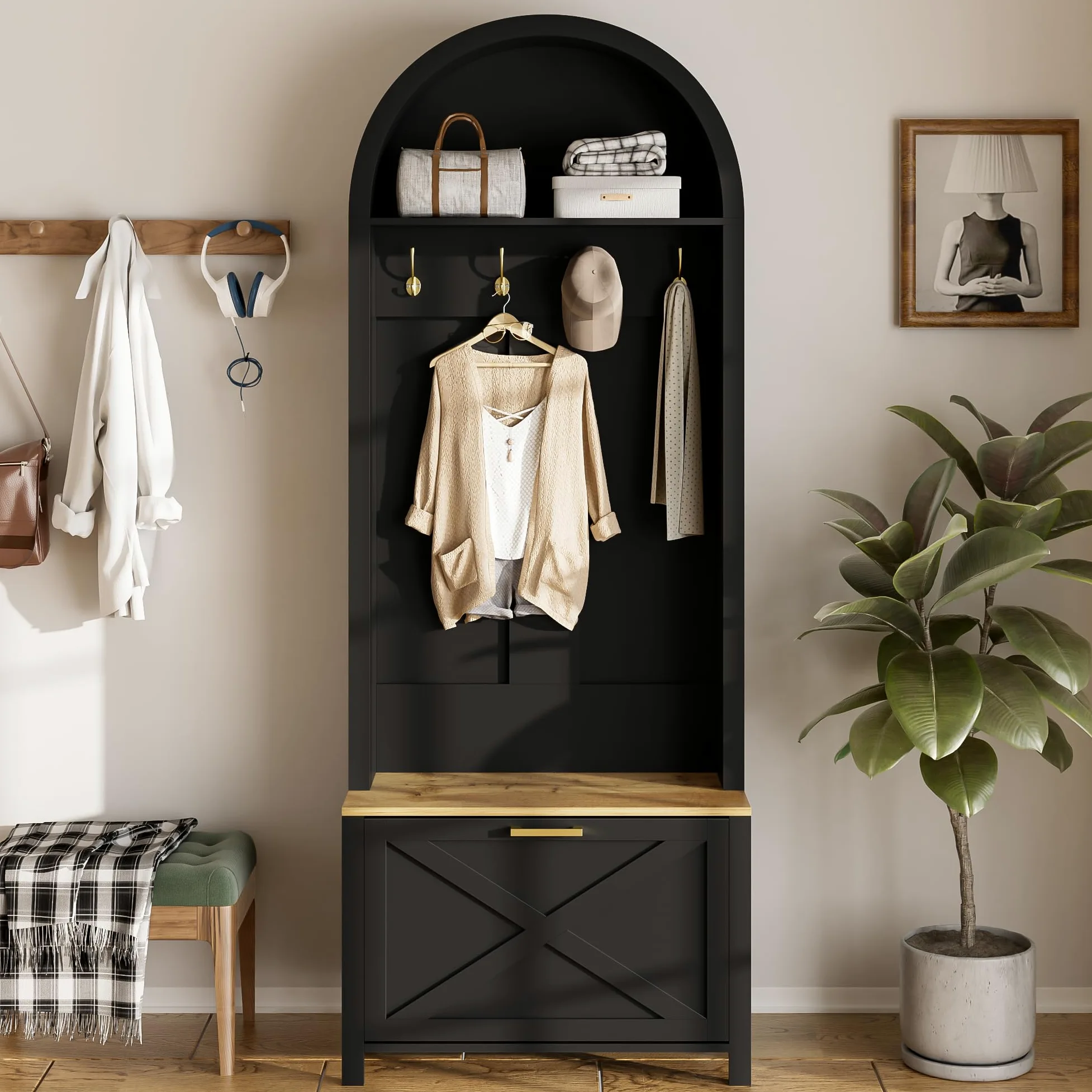 Merax Set di appendiabiti per corridoio, guardaroba compatto, multifunzionale, con scarpiera, ripiano e gancio, per ingresso, nero, 75 x 35 x 195 cm