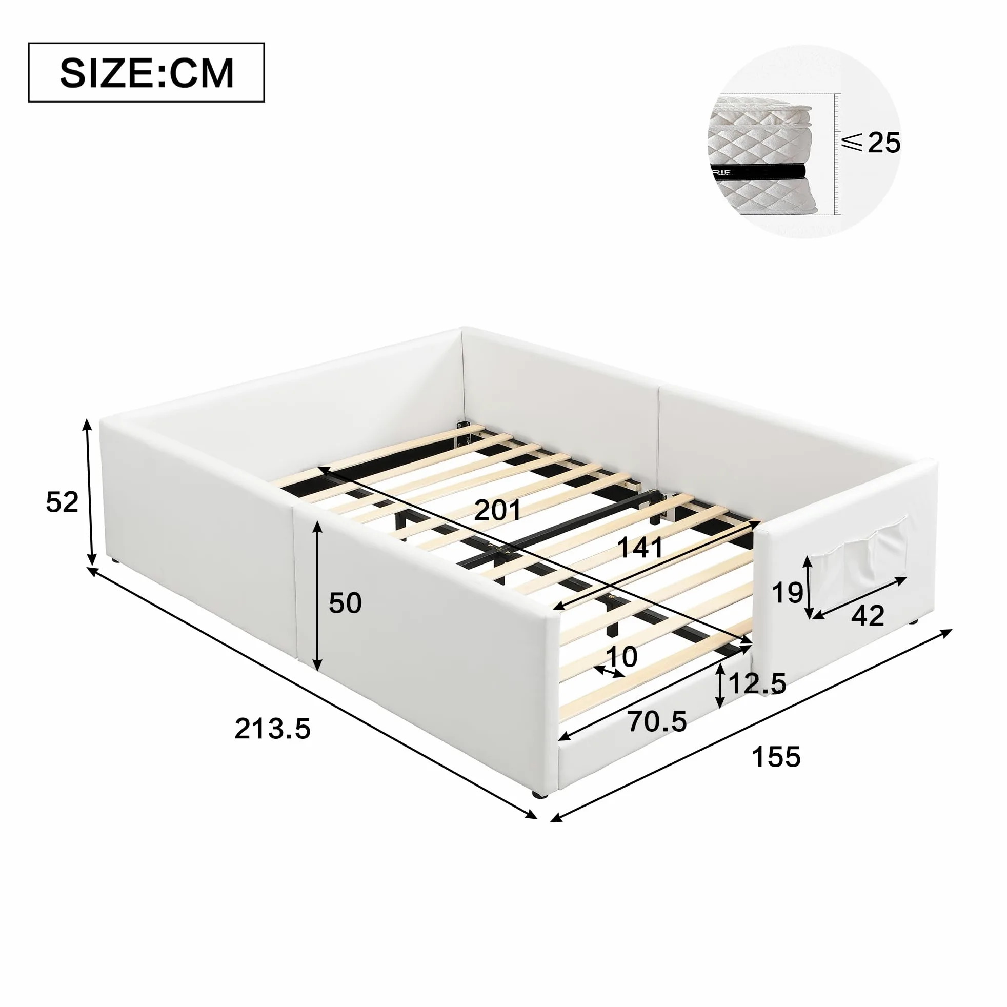 Montessori Letto a Terra per bambini 140 x 200cm, Letto imbottito PU con 3 pratiche tasche portaoggetti, Rete a doghe in Legno, letto Piazza e Mezza per Bambini(senza materasso)