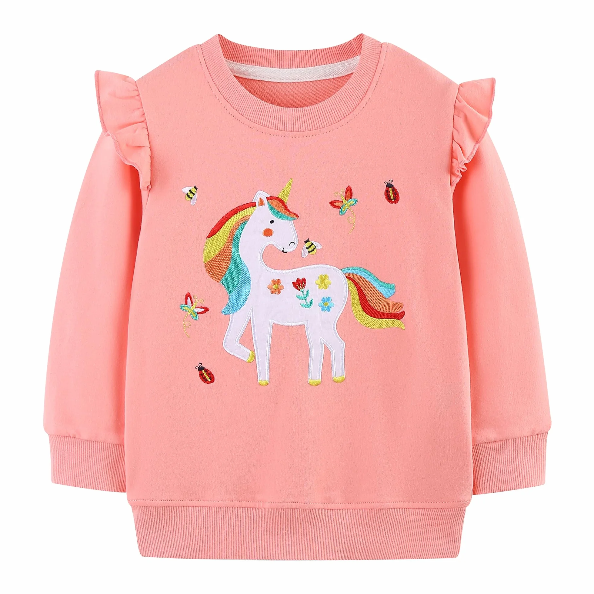 Felpa Bambina Cotone Manica Lunga Maglione Arcobaleno Unicorno Stampato Ricamo Pullover Girocollo 2-8 Anni