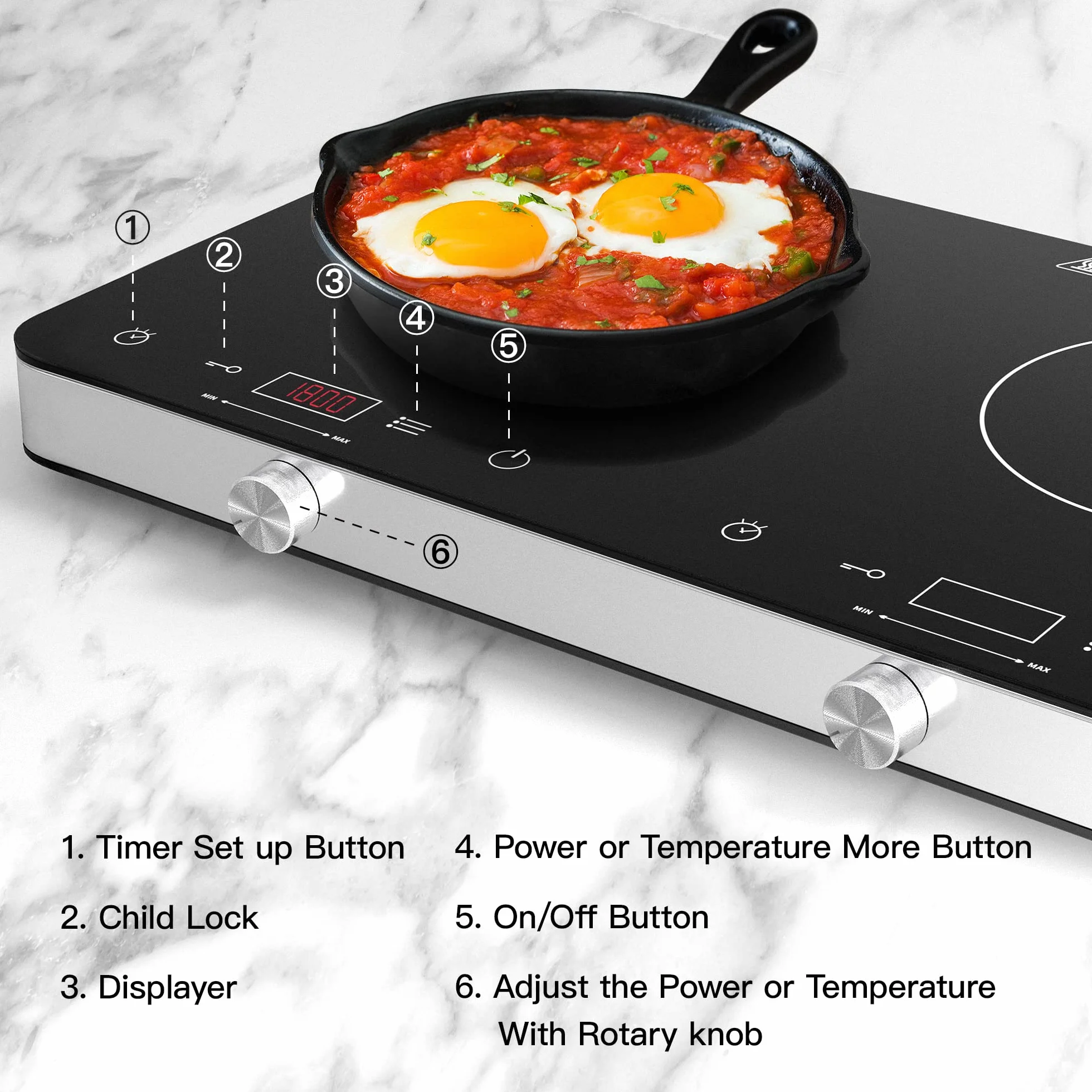COOKTRON Piastra Induzione 2 Fuochi, Piastra Ad Induzione 3500W, Portatile con Controllo Touch e Manopola, Timer 4 Ore, Sicurezza Bambini, 10 Livelli di Potenza/Temperatura