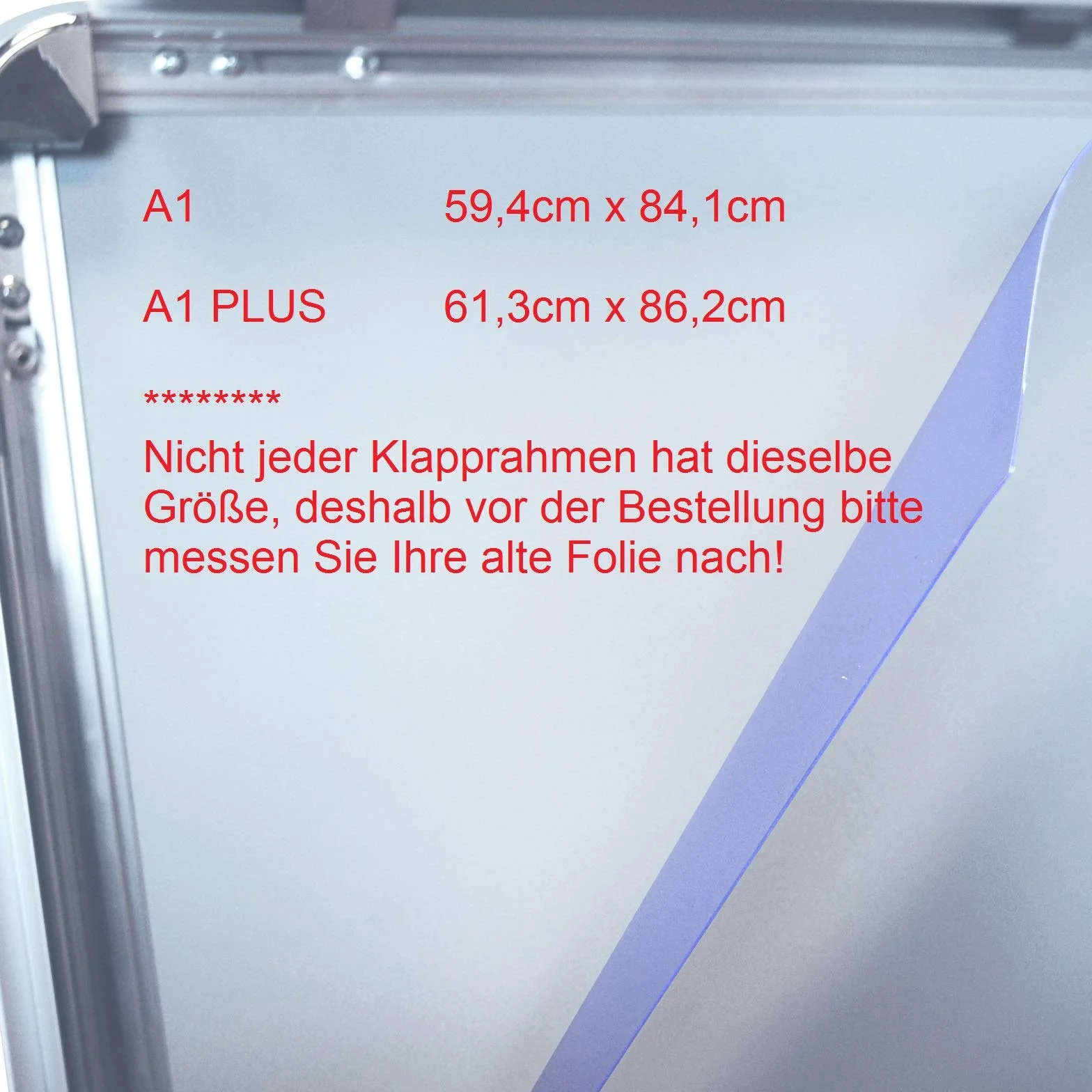 DIN A1 / A1 Plus (594 mm x 841 mm) / (613 mm x 862 mm), pellicola protettiva di ricambio per cornice poster, cornice (2 x A1 594 mm x 841 mm).
