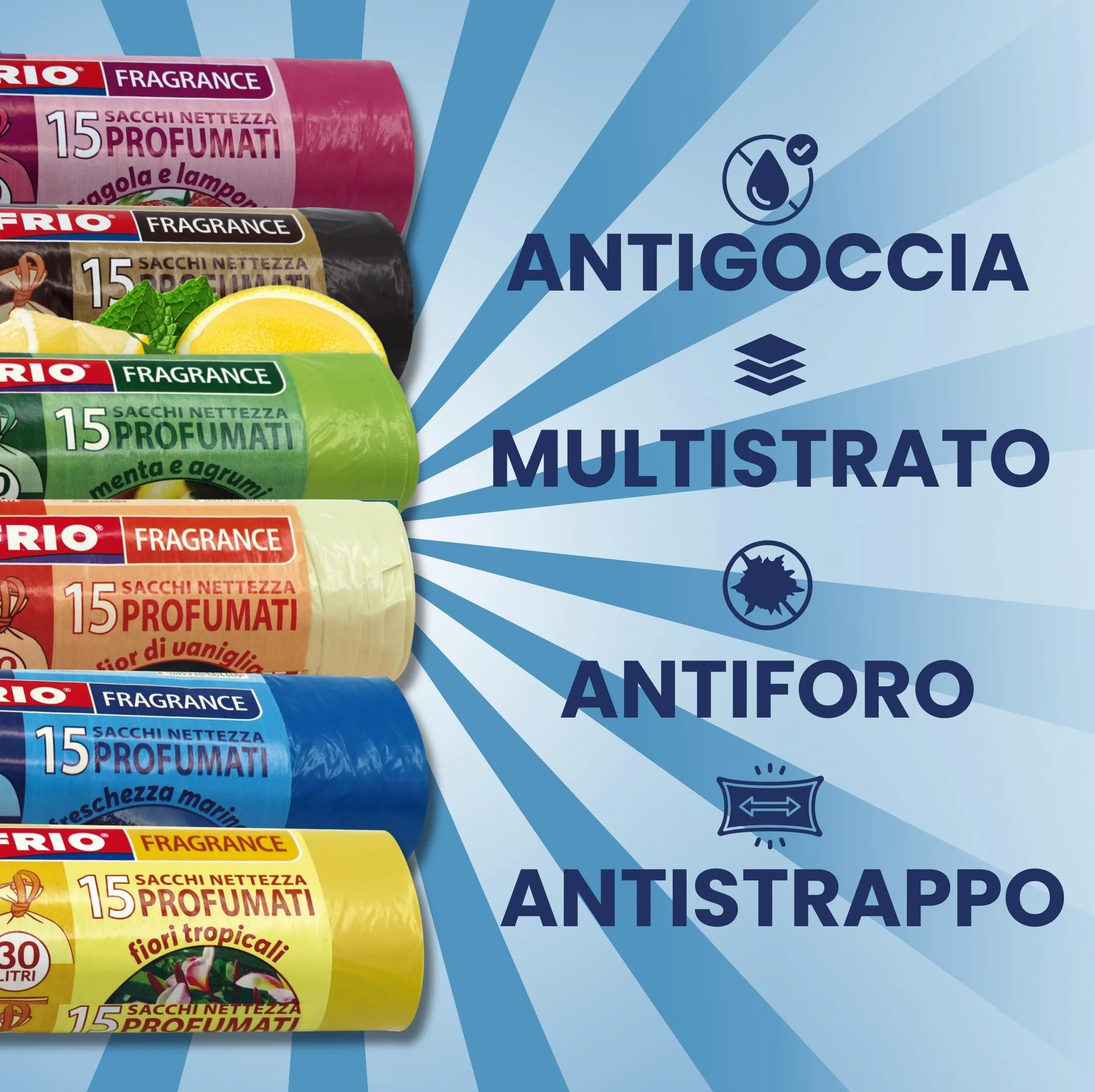 FRIO Multifrutti - 90 Sacchetti spazzatura 30 Litri Profumati, 6 Confezioni da 15 Sacchi immondizia con 6 aromi, colori assortiti - 52x58 cm - Buste per pattumiera resistenti, piccoli, differenziata