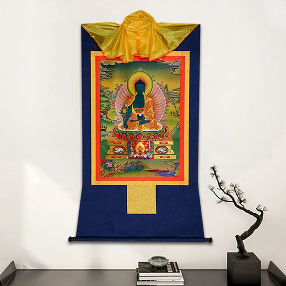 Thangka tibetano, pittura thangka, arazzo buddista, buddismo tibetano tantrico Thangka da appendere alla parete, Bhaisajyaguru, Buddha della medicina, arazzo buddista in broccato stampato a caldo for
