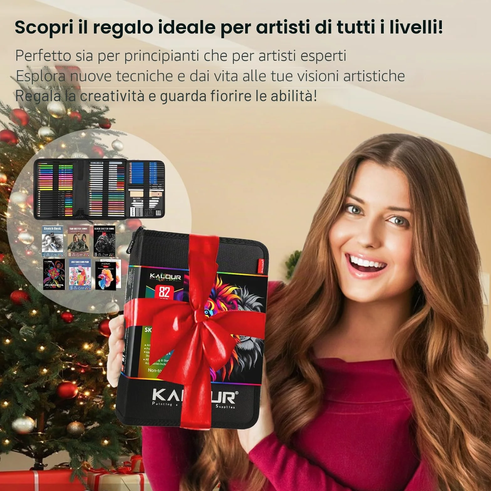 KALOUR PDAS 82 Set da disegno Kit per schizzi, Forniture artistiche professionali con matite fluorescenti, colorate, acquerellabili, metalliche, in grafite, carboncino,5 album da disegno e da colorare
