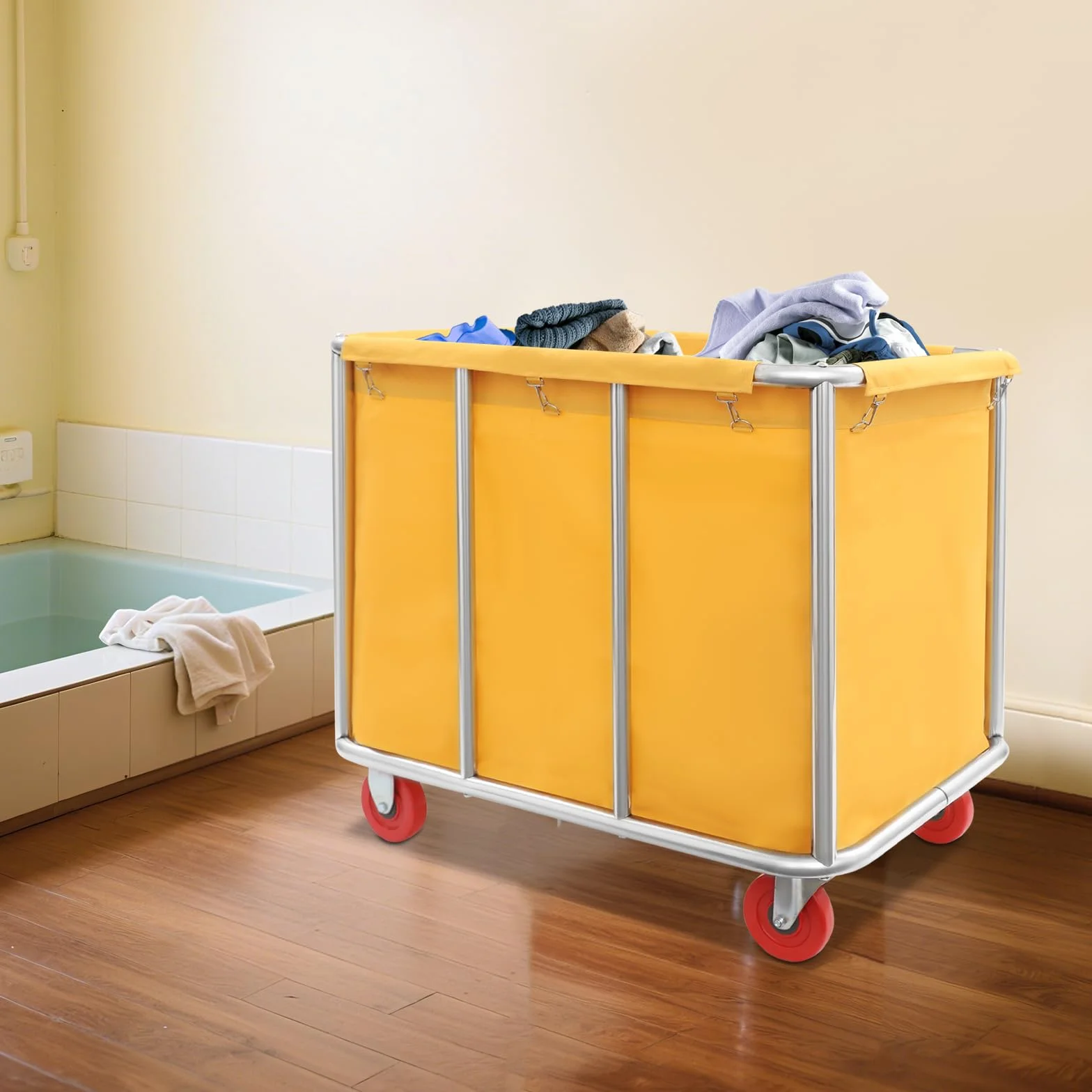 Carrello per la biancheria, 90 x 65 x 80 cm, in acciaio inox, con ruote, portata fino a 200 kg, per hotel, ospedali, lavanderia (giallo)