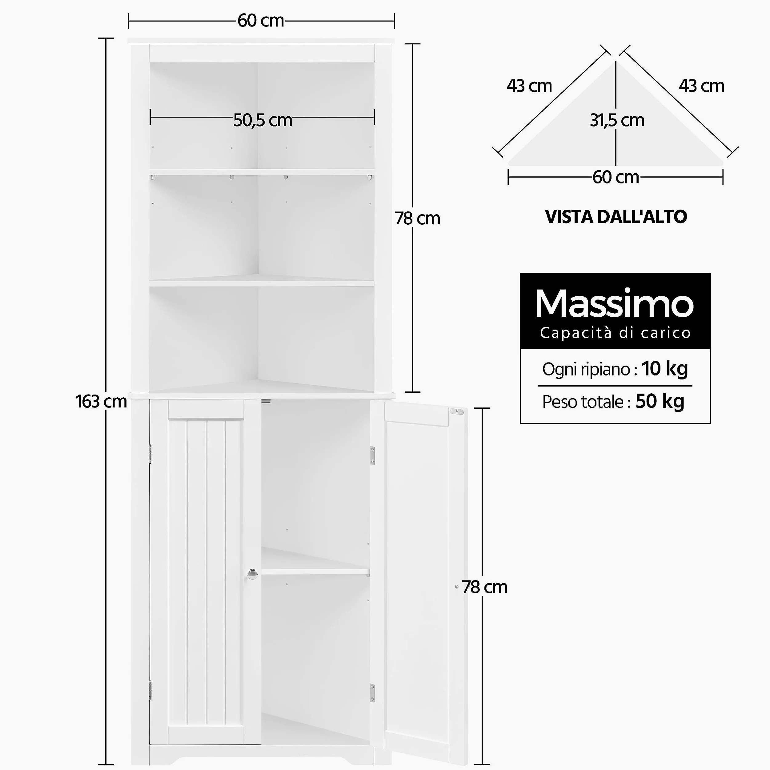 Yaheetech Mobile da Bagno Armadietto a Colonna Alto d'Angolo 163 x 60 x 43 cm Mobiletto Cucina Autoportante con 3 Ripiani Aperti in Legno Armadio Triangolo Moderno Multiuso da Terra Bianco