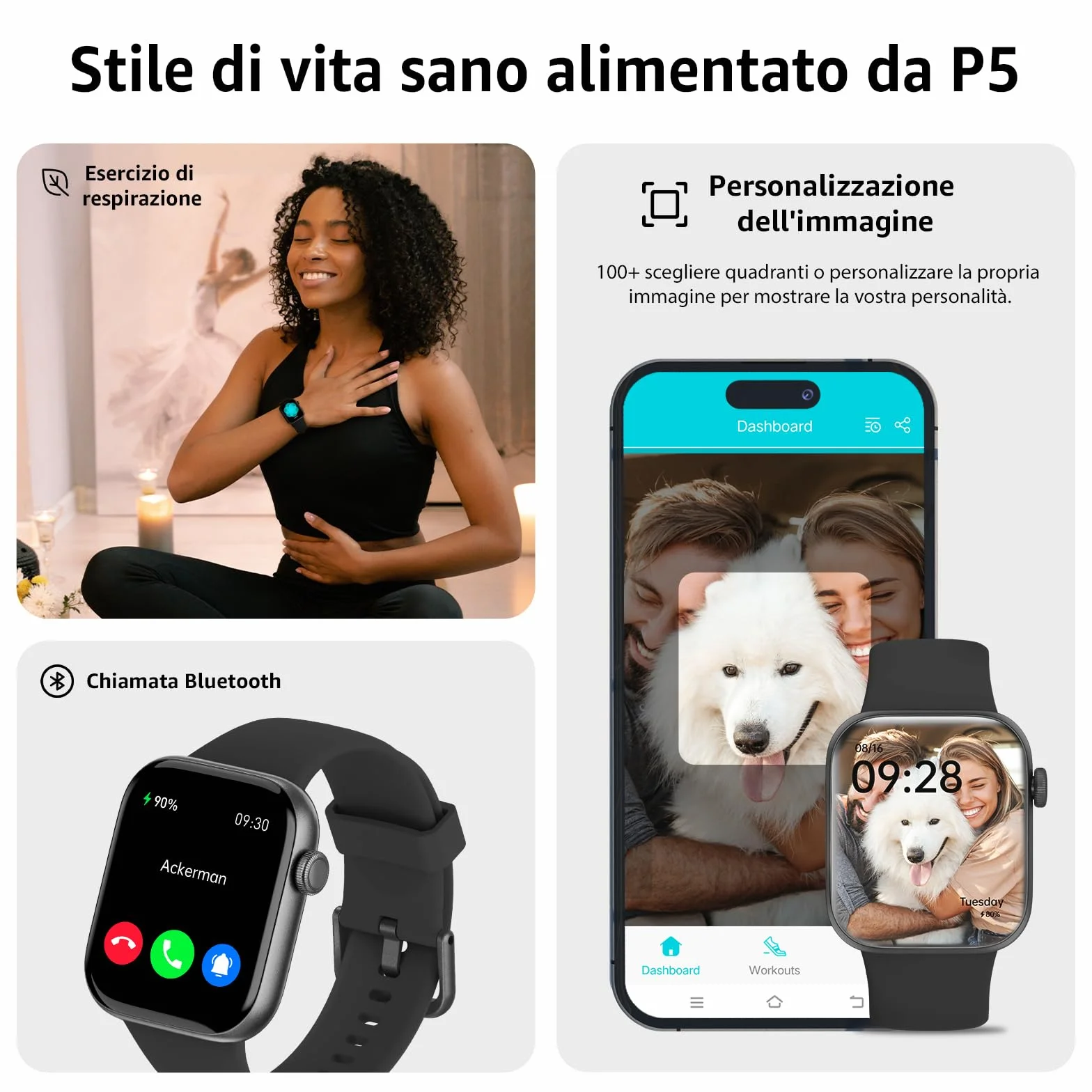 AcclaFit Smartwatch Uomo Donna 1.85" Orologio con Chiamate 113 Sportive Contapassi SpO2 Sonno Cardiofrequenzimetro IP68 iOS Android