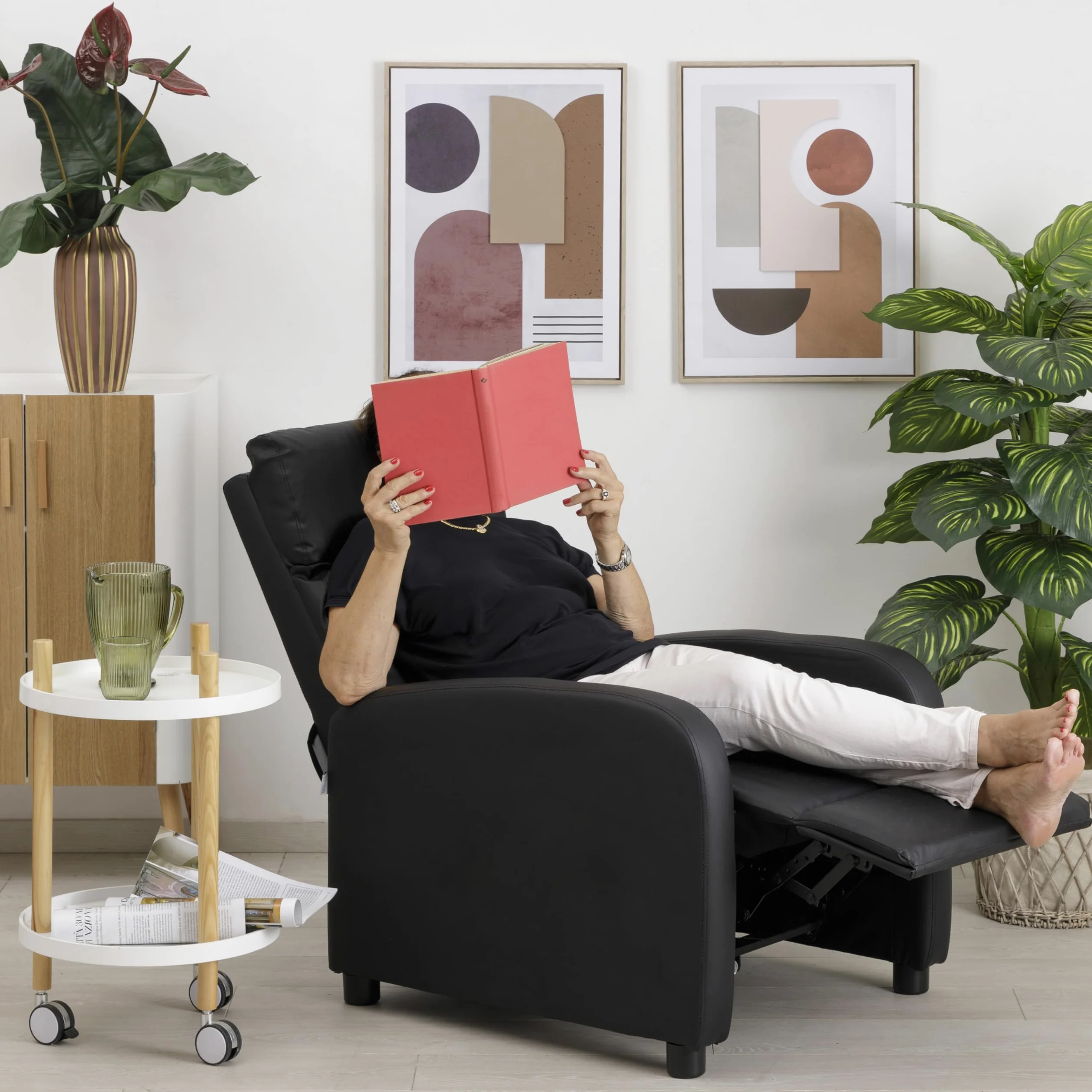 Baroni Home Poltrona Reclinabile in Soft Foam, con Recliner a Spinta, Poggiapiedi, Piedini Antiscivolo, Poltrona Relax Push-Back, Facile da Montare, Comoda, Nero, 66x75x99 cm