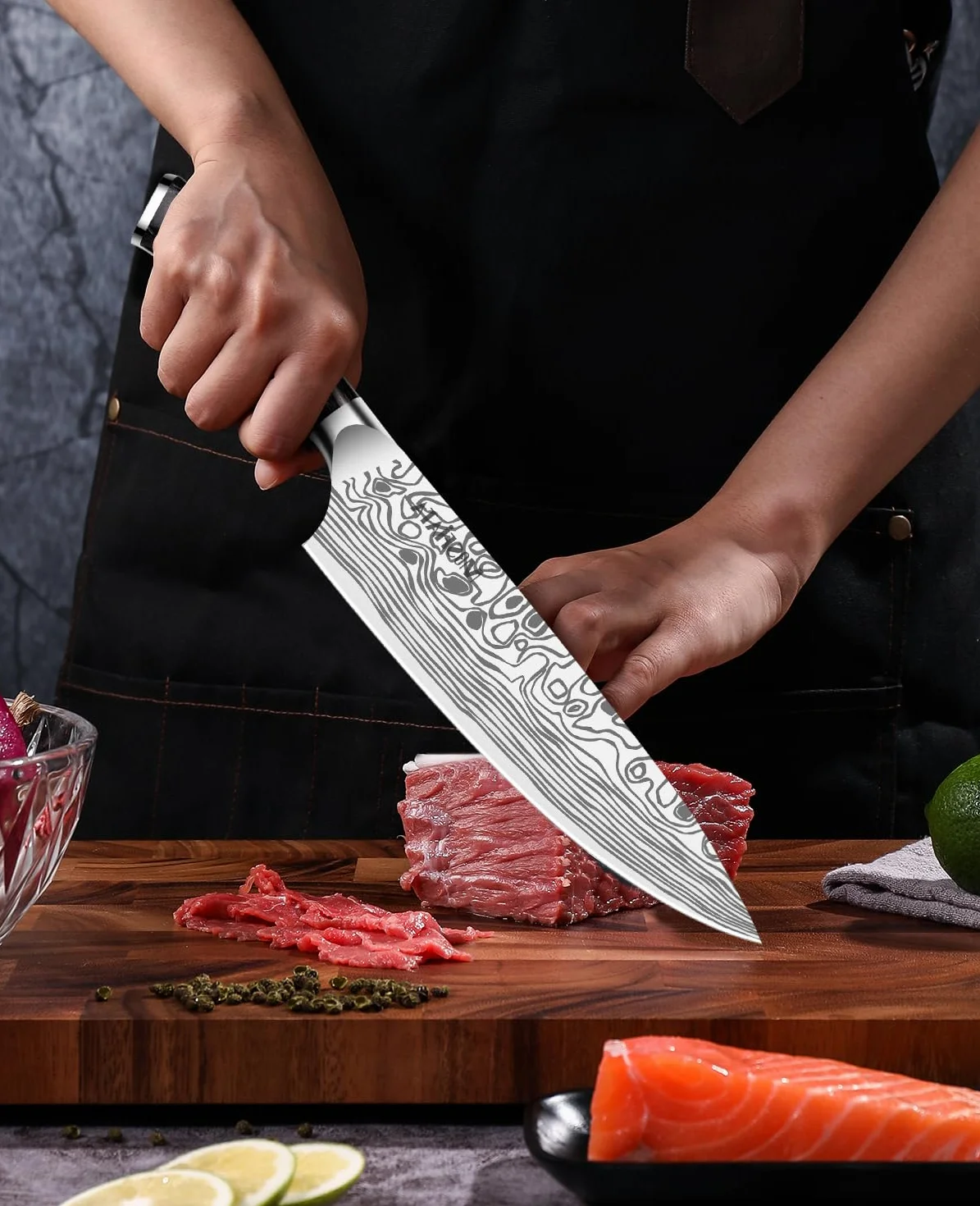 MOSFiATA Coltelli da Cucina Professionale Chef con Fodero, Protezione del Dito e Affilatore, in Acciaio Inossidabile con Manico Micarta - 20CM