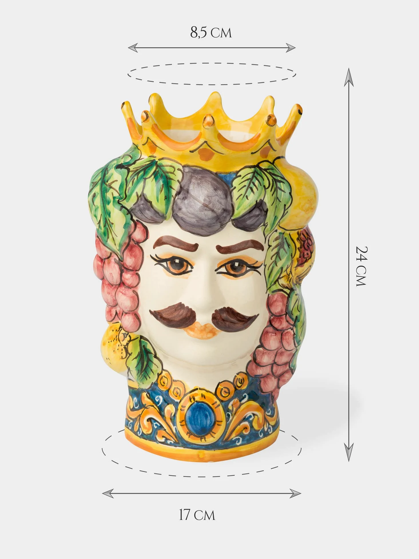 Terrecotte del Sole - Coppia Teste di Moro siciliane originali decoro frutta H 24 cm, realizzate e decorate a mano.