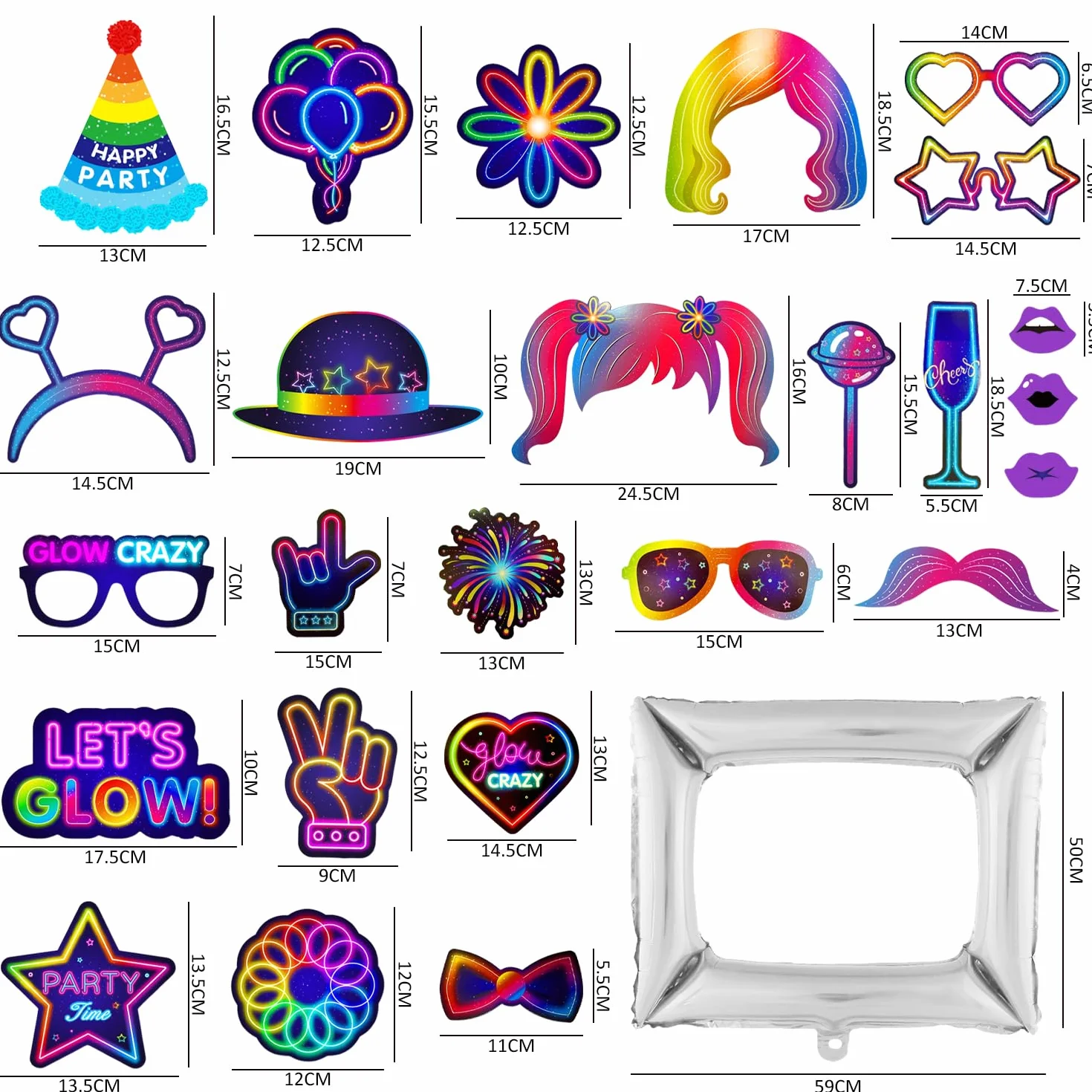 Oggetti Di Scena per Cabine Fotografiche 25 Pezzi, Palloncini Con Cornice per Foto 1pc, Motivi Al Neon, Divertenti Oggetti Di Scena per Selfie, Decorazioni per Feste, Accessori per Feste