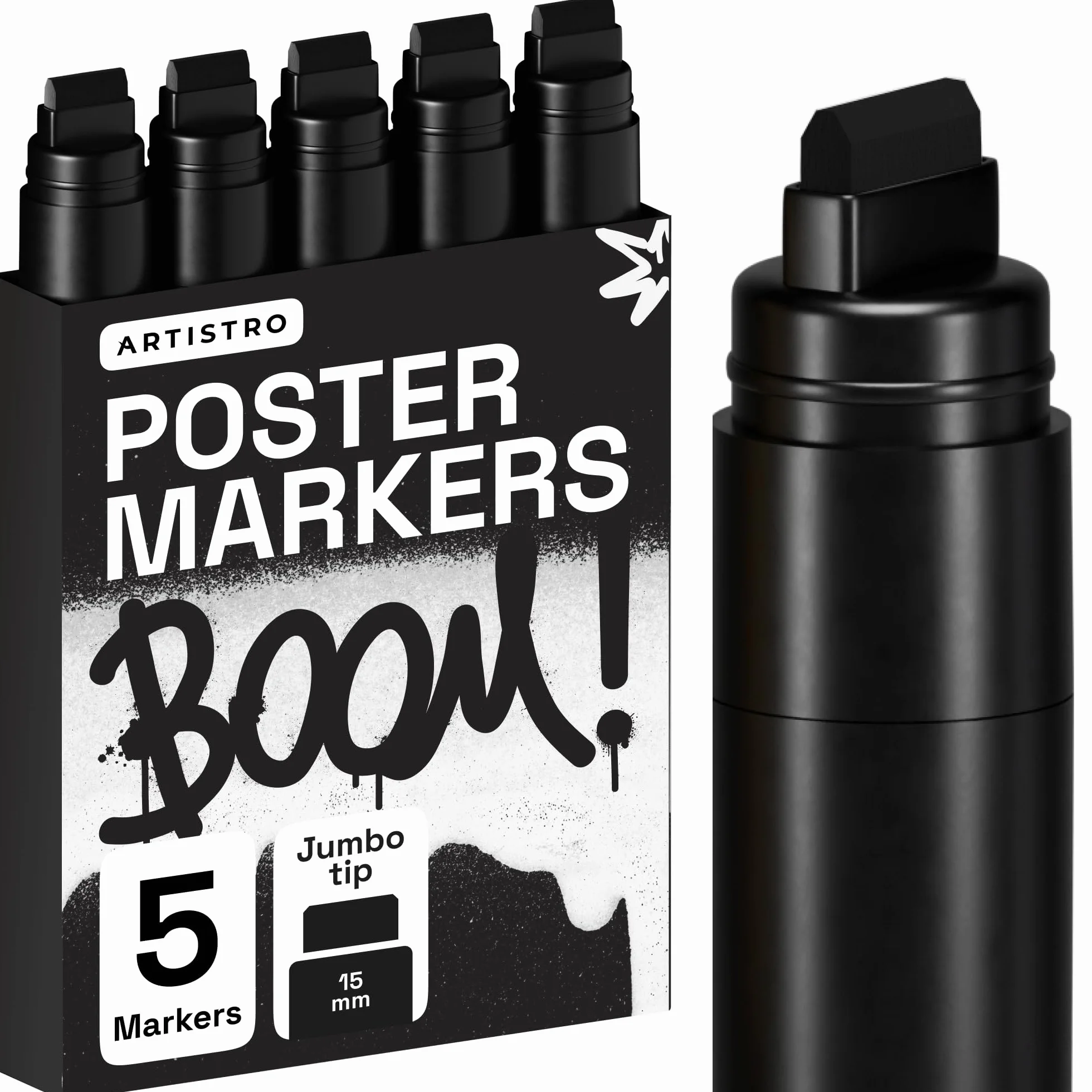 Artistro Jumbo Marker Pennarelli Neri Punta Grossa 15 mm Feltro Inchiostro Acrilico Nero per Pittura su Roccia Pietra Ceramica Vetro Legno Tela Cf. 5