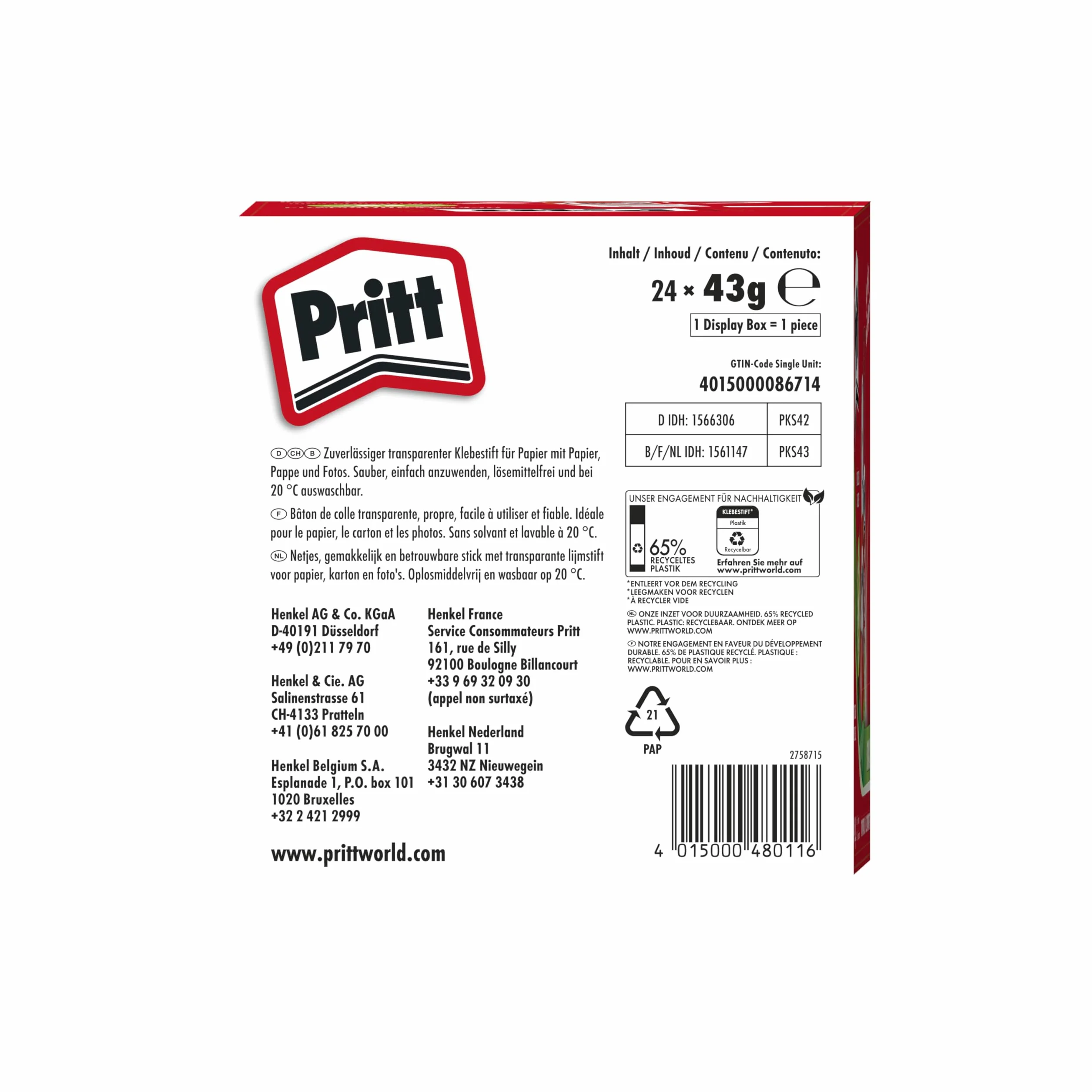 Pritt PKS42 - Scatola di colla stick con 24 stick di colla, originale, 43 g