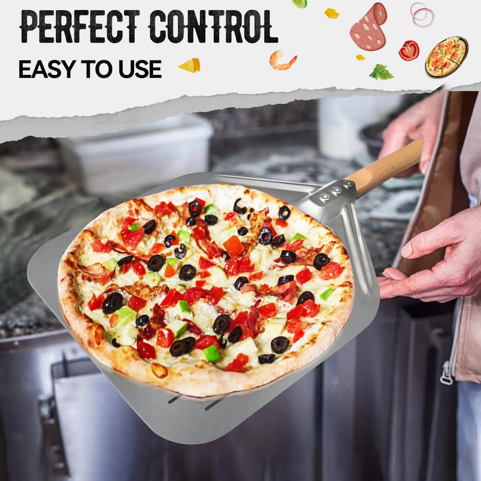 Pala per pizza in acciaio inox 39 x 30,5 cm 74 cm manico rimovibile
