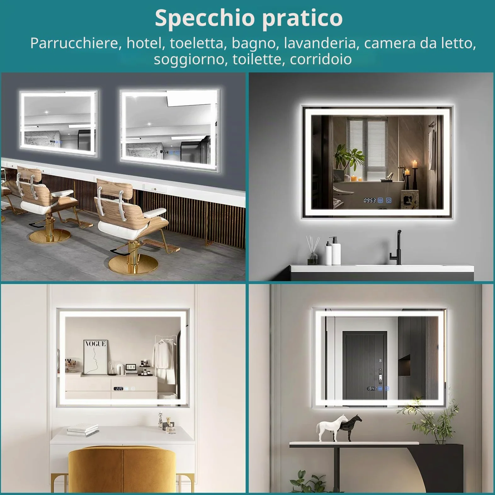 YU YUSING Specchio Bagno con Luce 80x60cm, 3 Colori, Orizzontale Argento