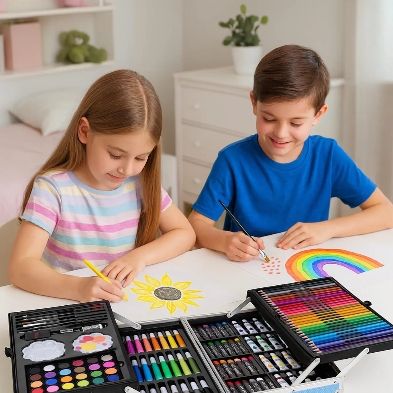 Maverton Valigetta Colori Personalizzata - Azzurra o Rosa a 2 Piani - Set Pittura e Disegno - Kit Matite Colorate Pastelli Pennarelli Colori a Matita - Regalo Bambini Compleanno