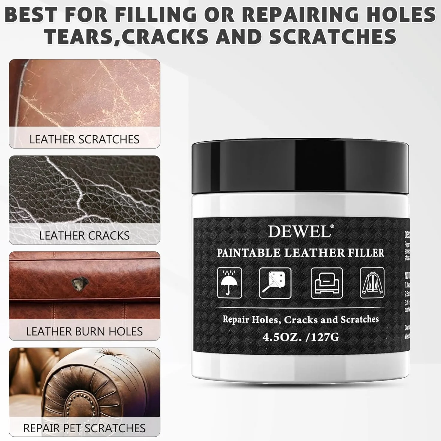 DEWEL Stucco per Pelle/Ecopelle, Ripara Pelle Divano, per Riempire Buchi, Graffi, Crepe e Strappi (Bianco, 100g)