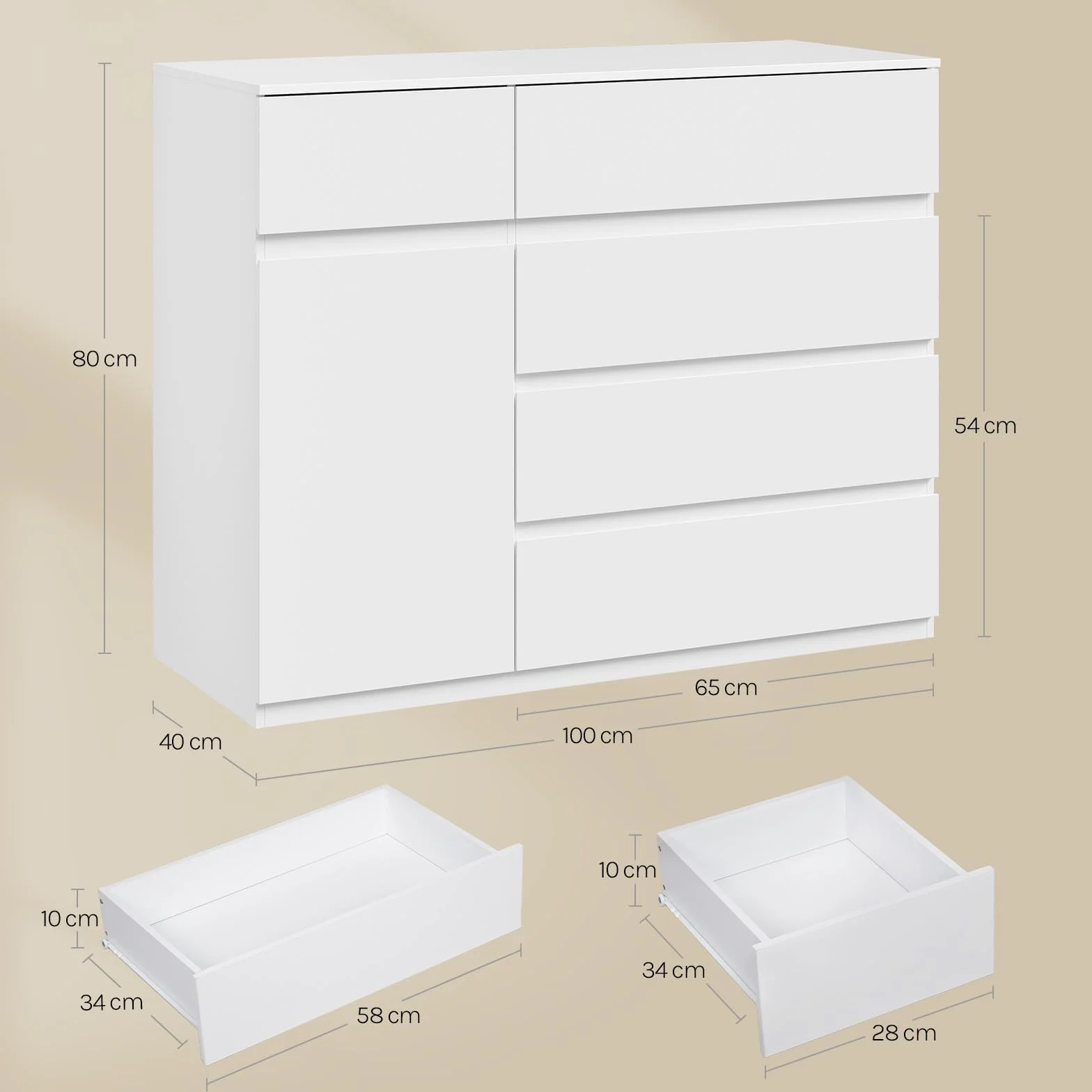 WOLTU Cassettiera Camera da Letto, Mobiletto Salvaspazio con 5 Cassetti e 1 Armadietto, Ripiano Regolabile, per Soggiorno, Ingresso, 100x40x80 cm, Bianco